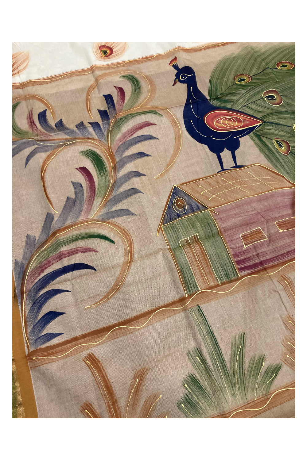 Southloom Saffron Handpainted Mural Kerala Kasavu Saree with Peacock Art