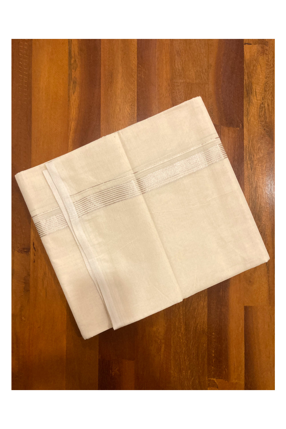 Off White Kerala Double Mundu with Silver Lines Border (South Indian Dhoti)