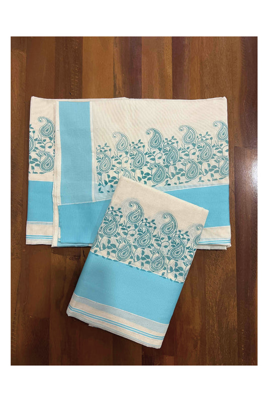 Kerala Cotton Set Mundu (Mundum Neriyathum) with Sky Blue Block Printed Border