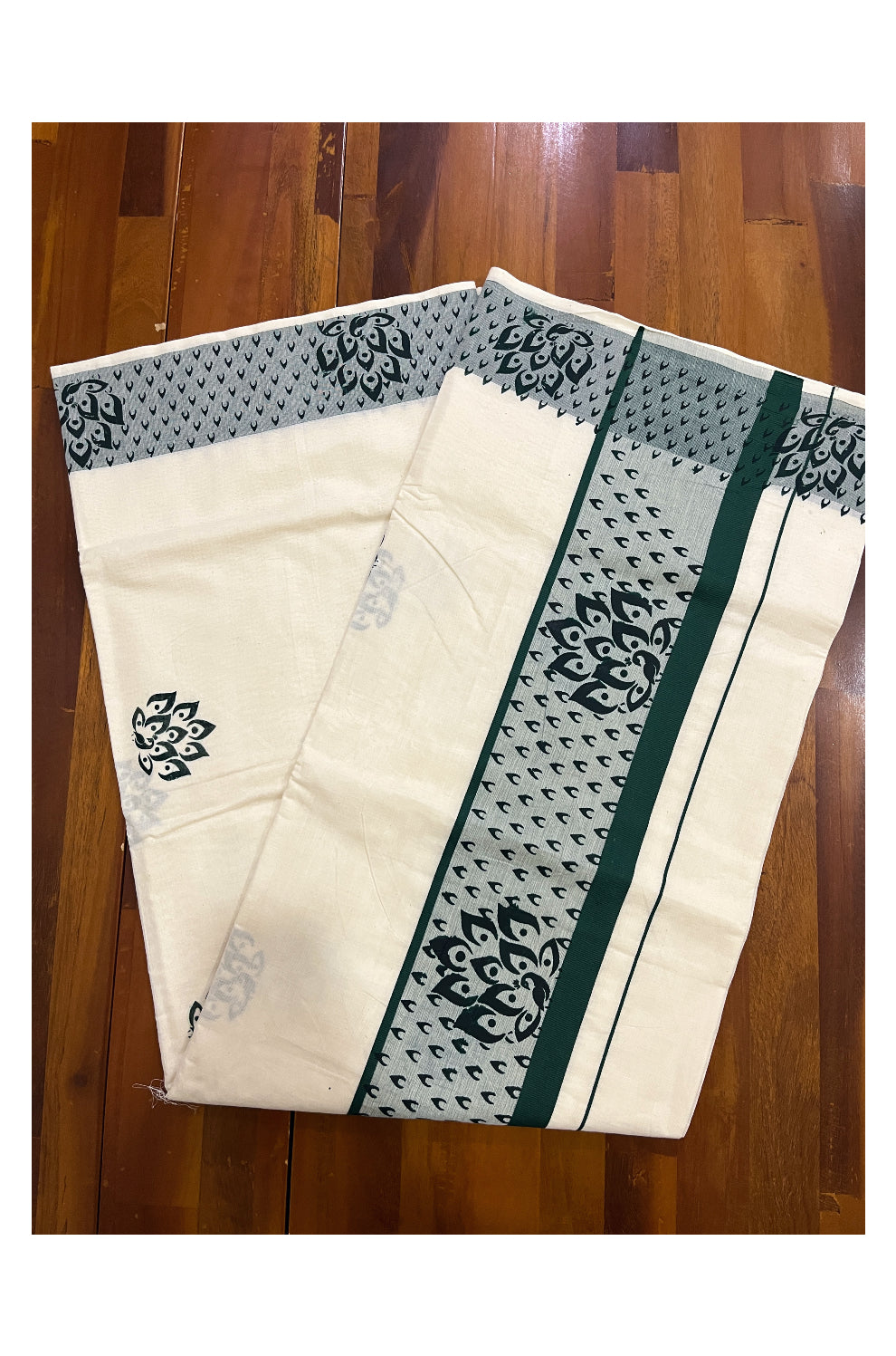 Pure Cotton Off White Kerala Saree with Green Block Prints on Border