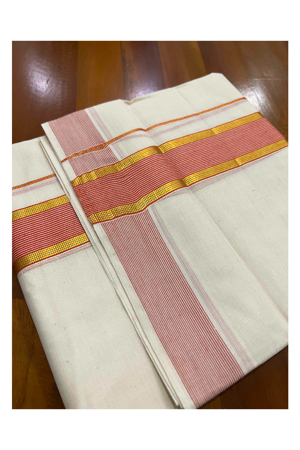 Off White Kerala Double Mundu with Red and Kasavu Border (South Indian Dhoti)