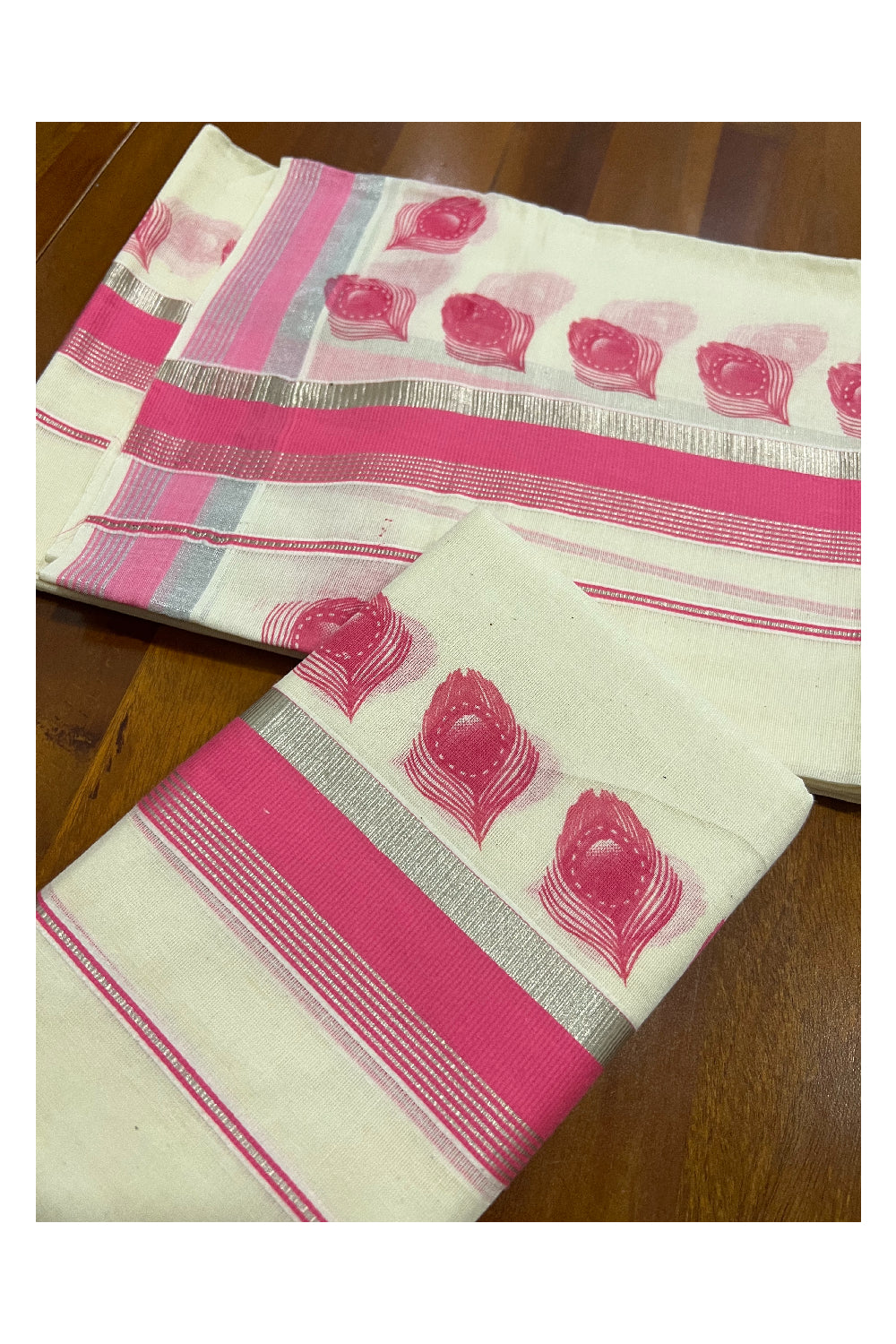 Pure Cotton Silver Kasavu Set Mundu (Mundum Neriyathum) with Pink Feather Block Prints on Border