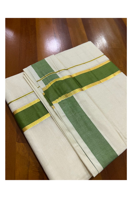 Off White Kerala Double Mundu with Kasavu and Green Border (South Indian Dhoti)