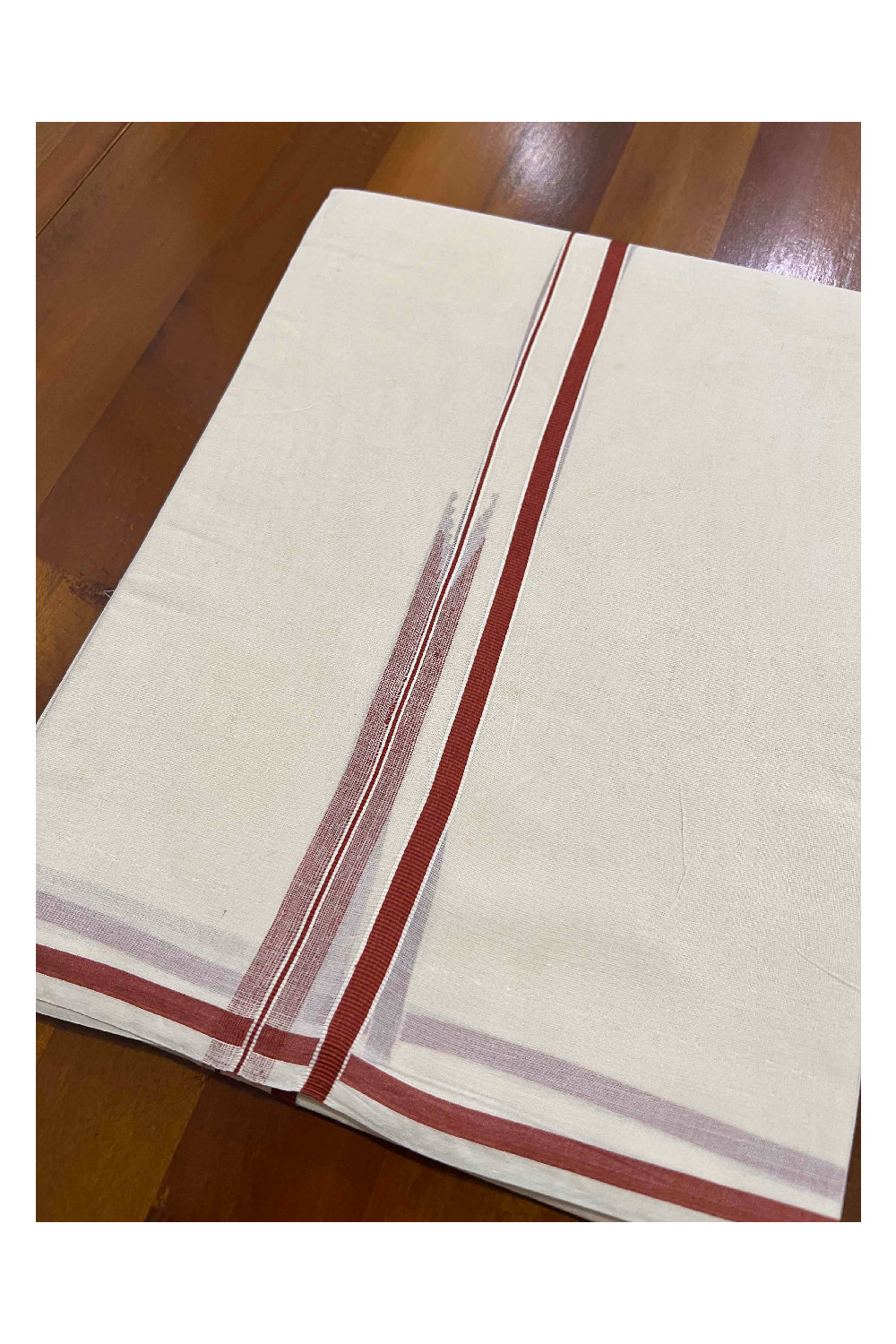 Off White Pure Cotton Double Mundu with Brick Red Puliyilakkara Border (South Indian Dhoti)