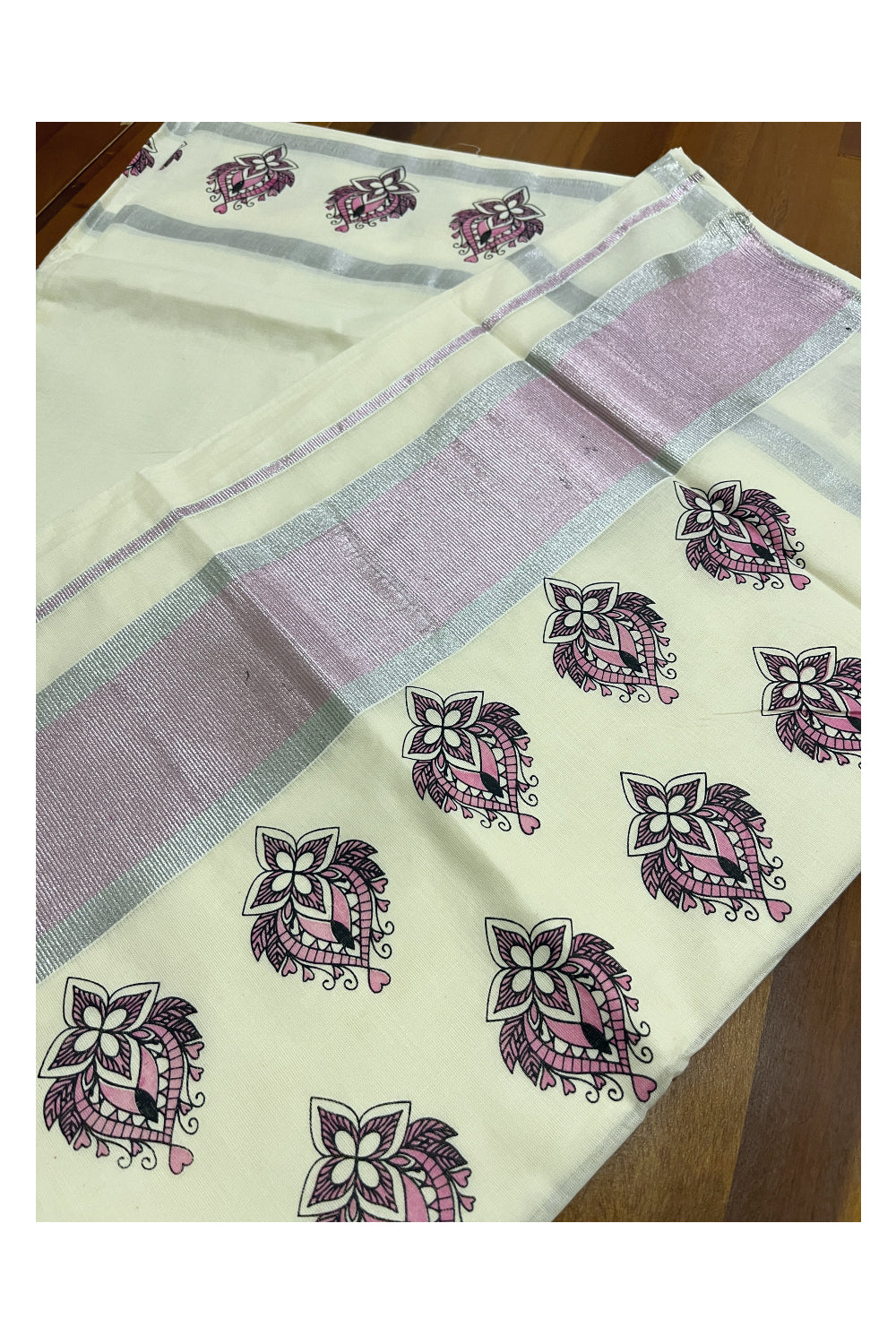 Kerala Cotton Silver and Pink Kasavu Border Saree with Block Printed Design