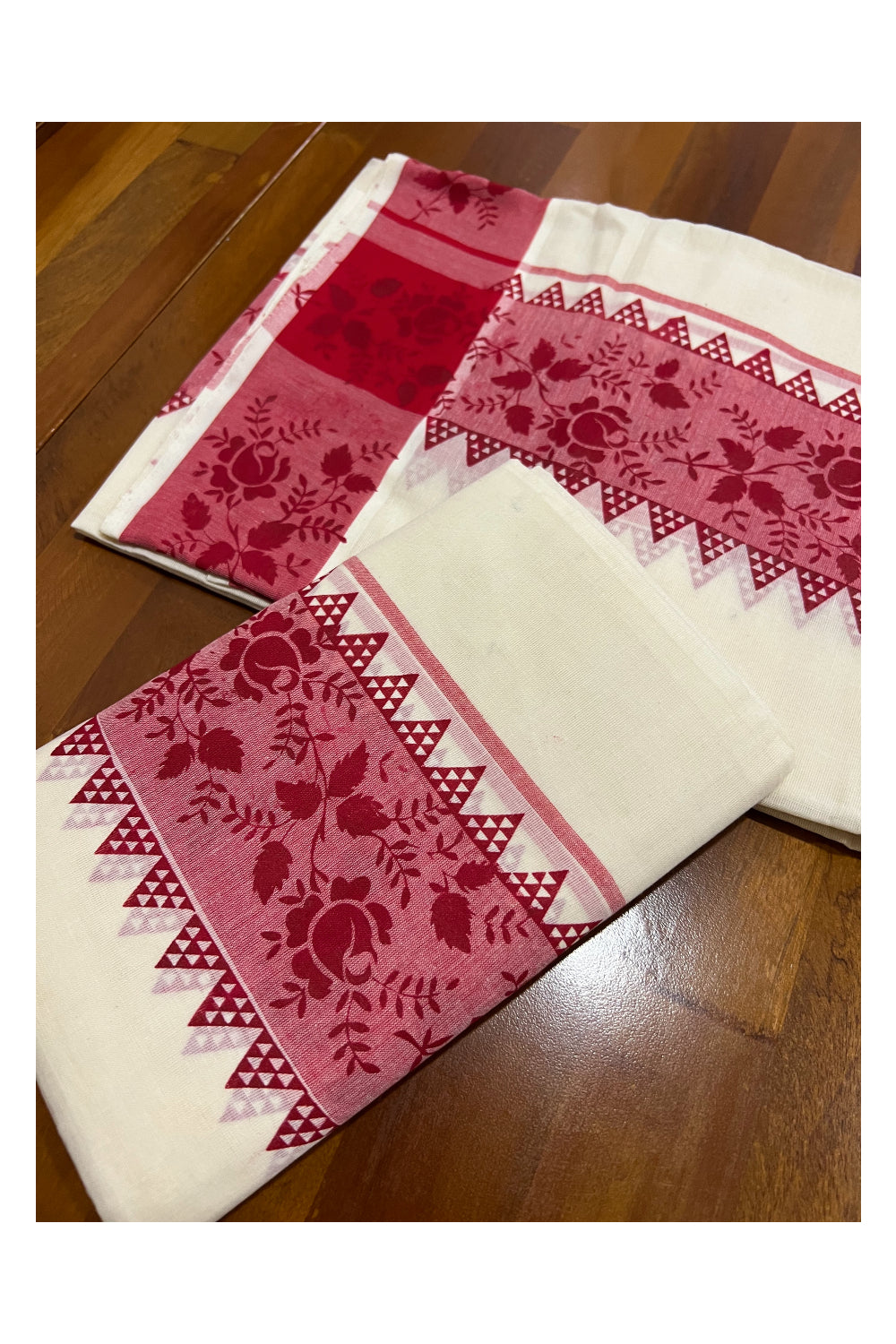 Kerala Cotton Set Mundu (Mundum Neriyathum) with Red Floral Temple Block Prints on Border