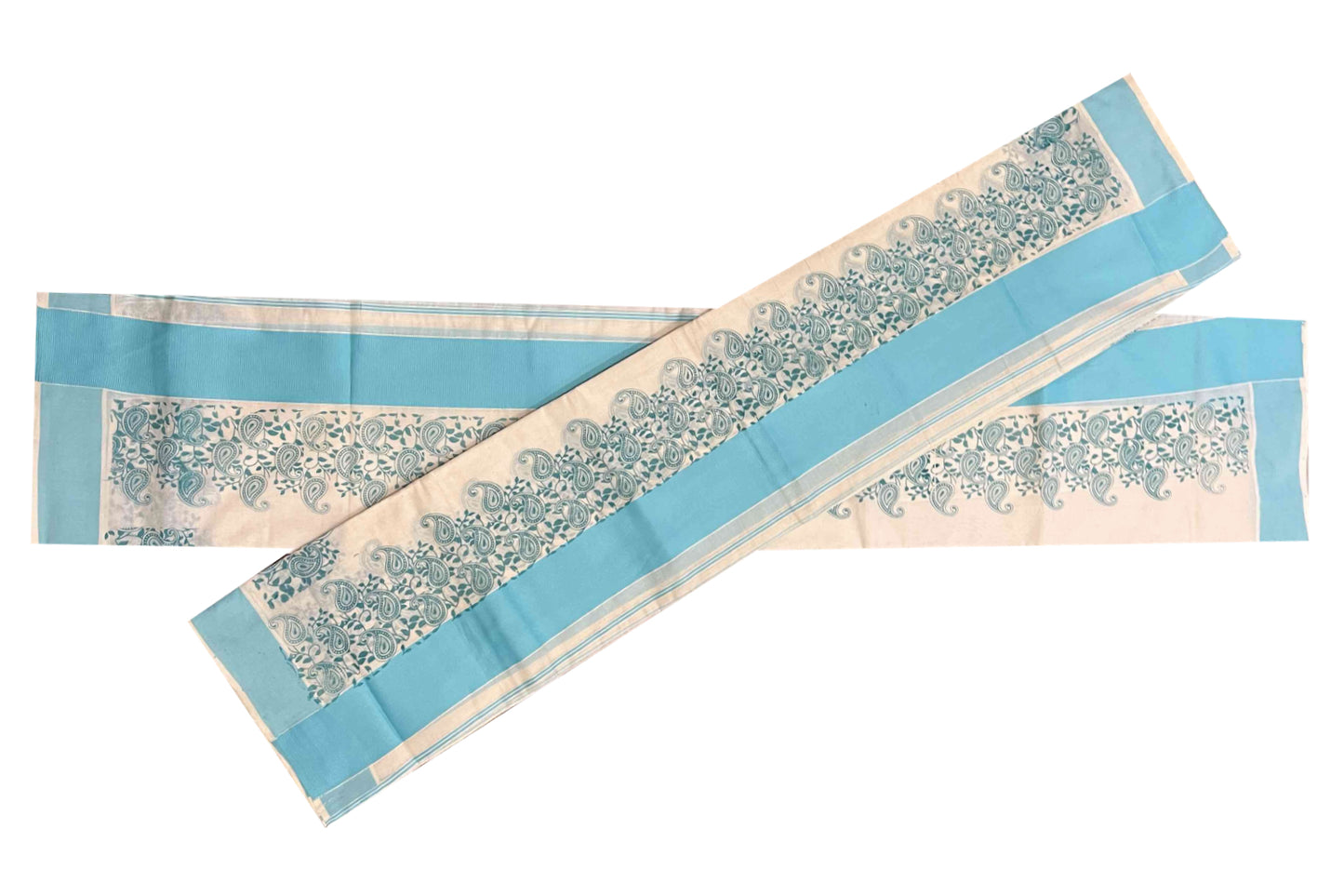 Kerala Cotton Set Mundu (Mundum Neriyathum) with Sky Blue Block Printed Border