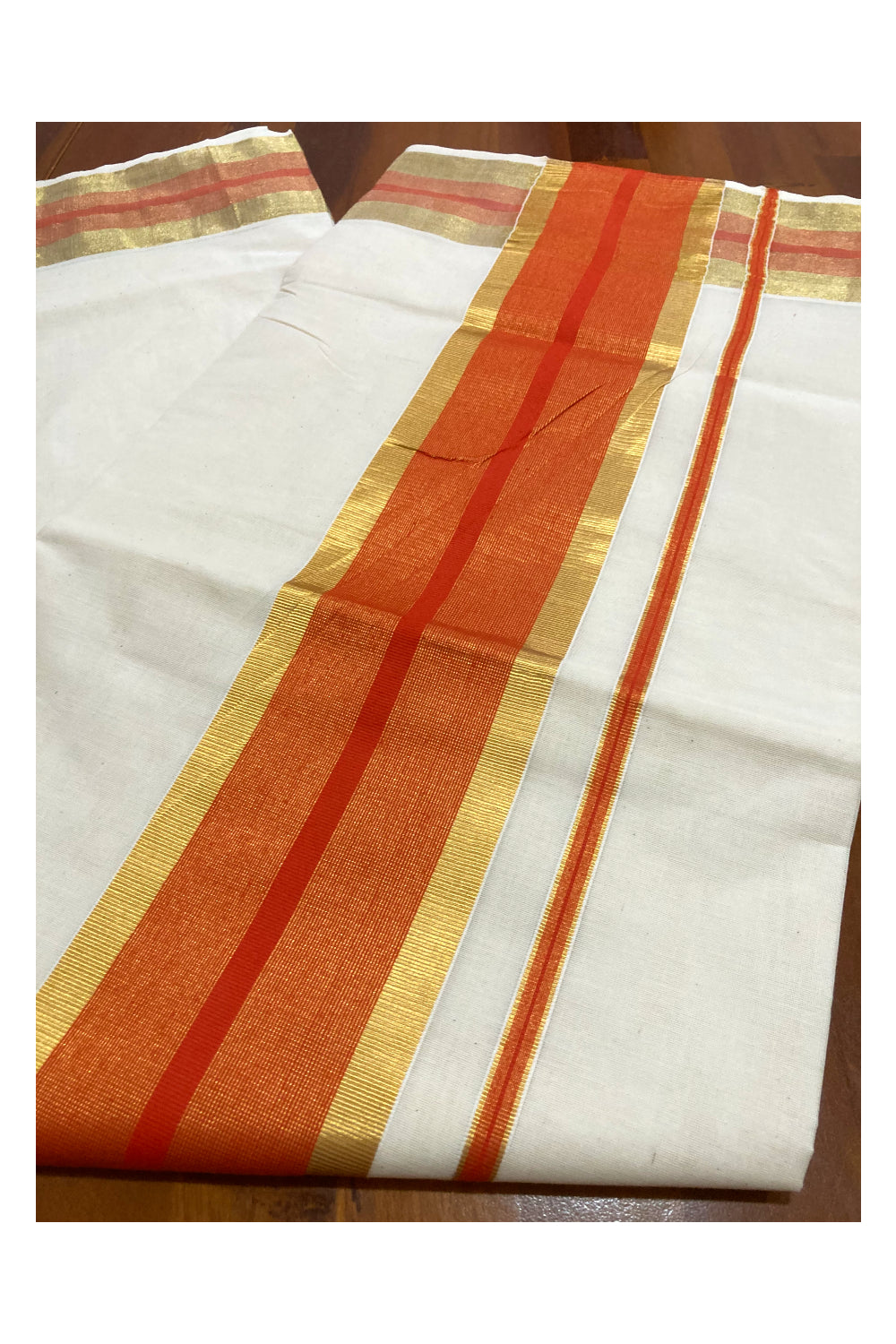 Kerala Pure Cotton Plain Saree with Kasavu and Orange Border