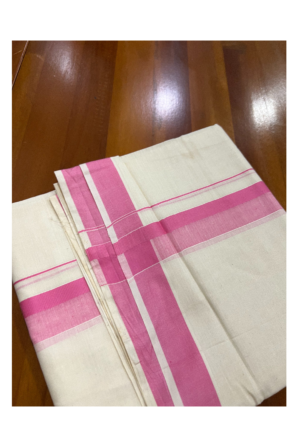 Off White Pure Cotton Double Mundu with Pink Shaded Kara (South Indian Dhoti)