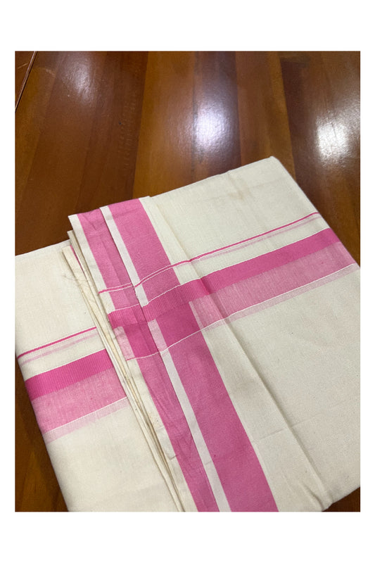 Off White Pure Cotton Double Mundu with Pink Shaded Kara (South Indian Dhoti)