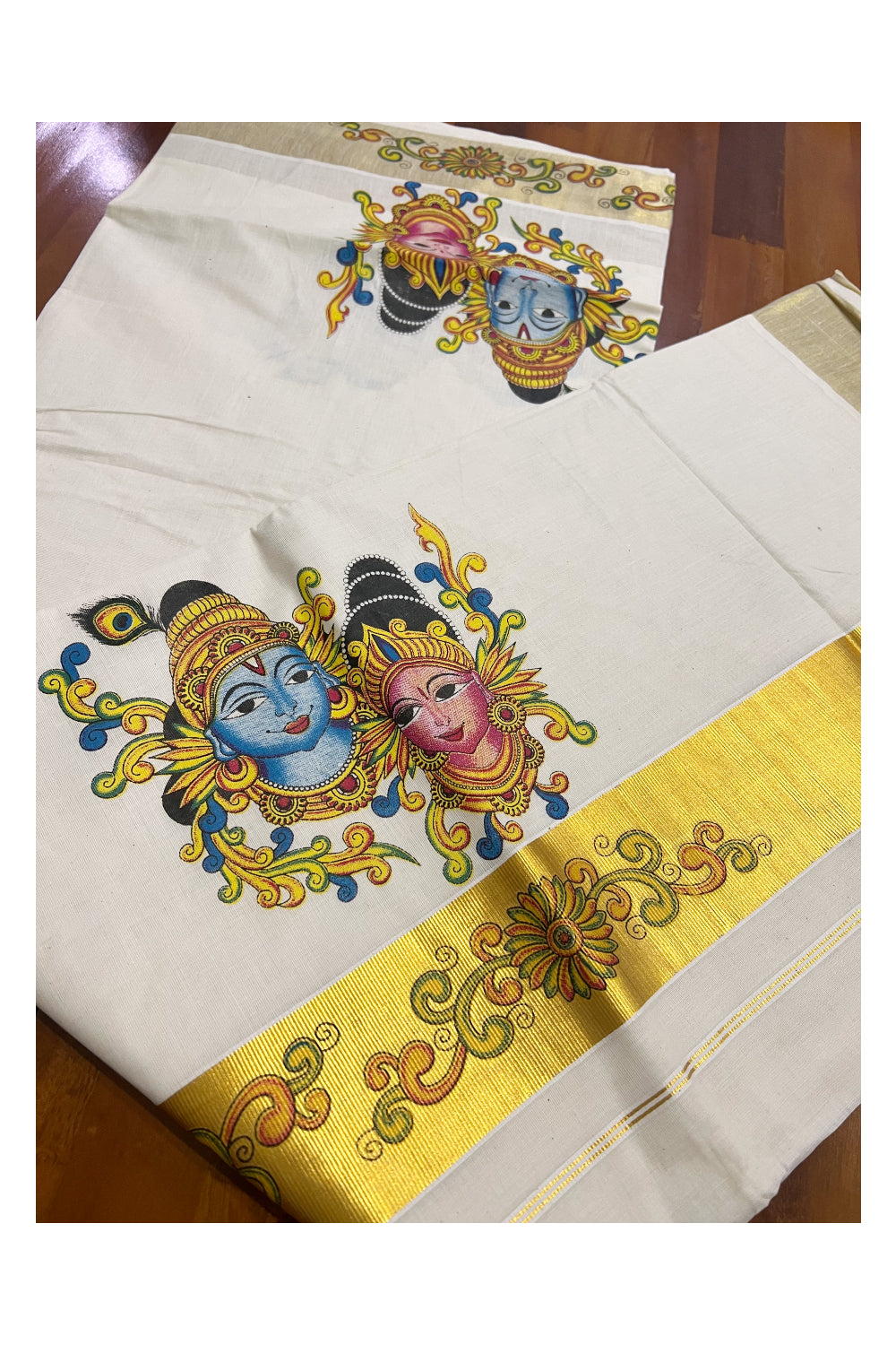 Pure Cotton Kerala Kasavu Saree with Mural Printed Krishna Radha Face Design