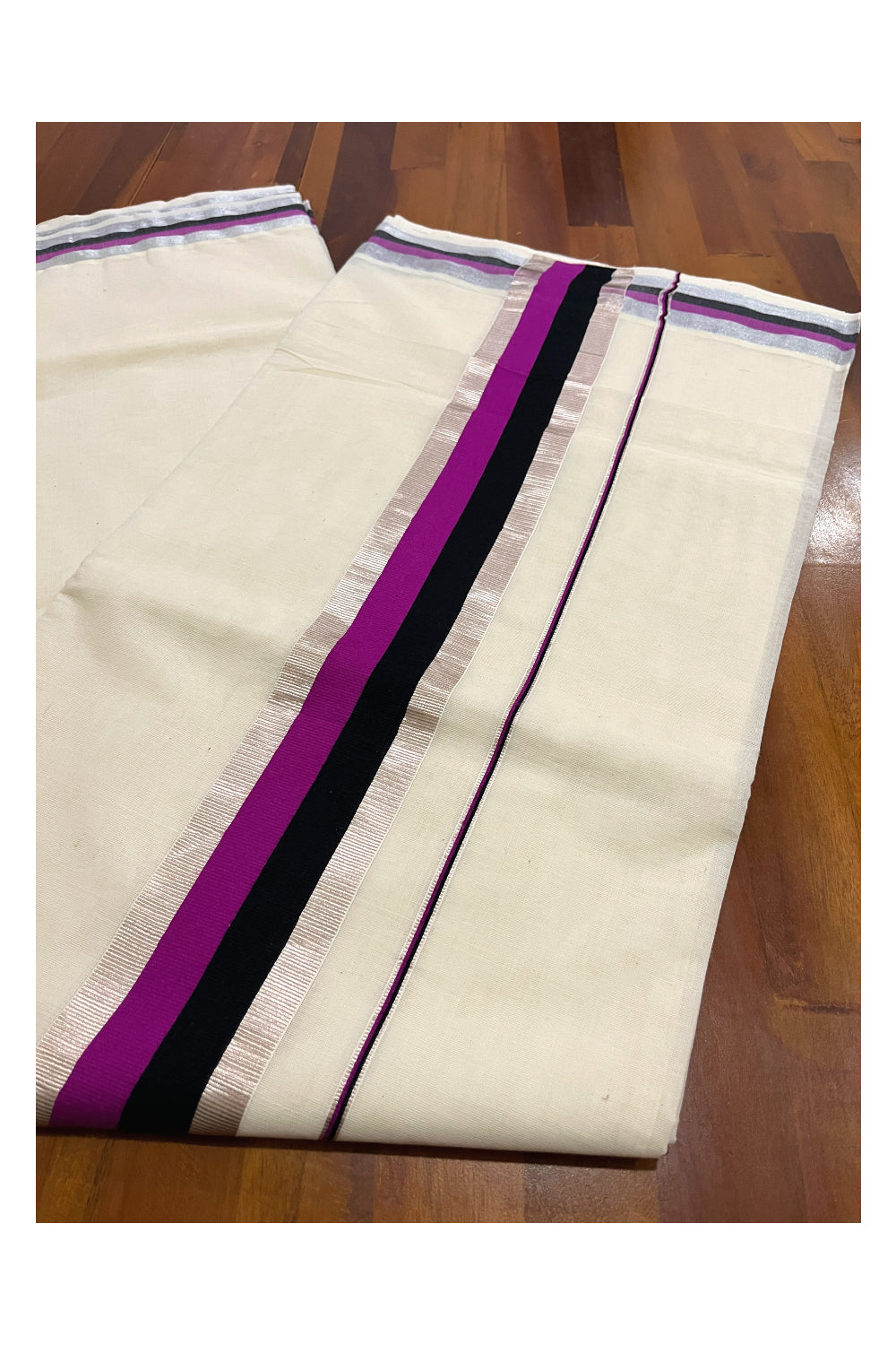 Kerala Pure Cotton Plain Saree with Silver Kasavu Magenta and Black Border