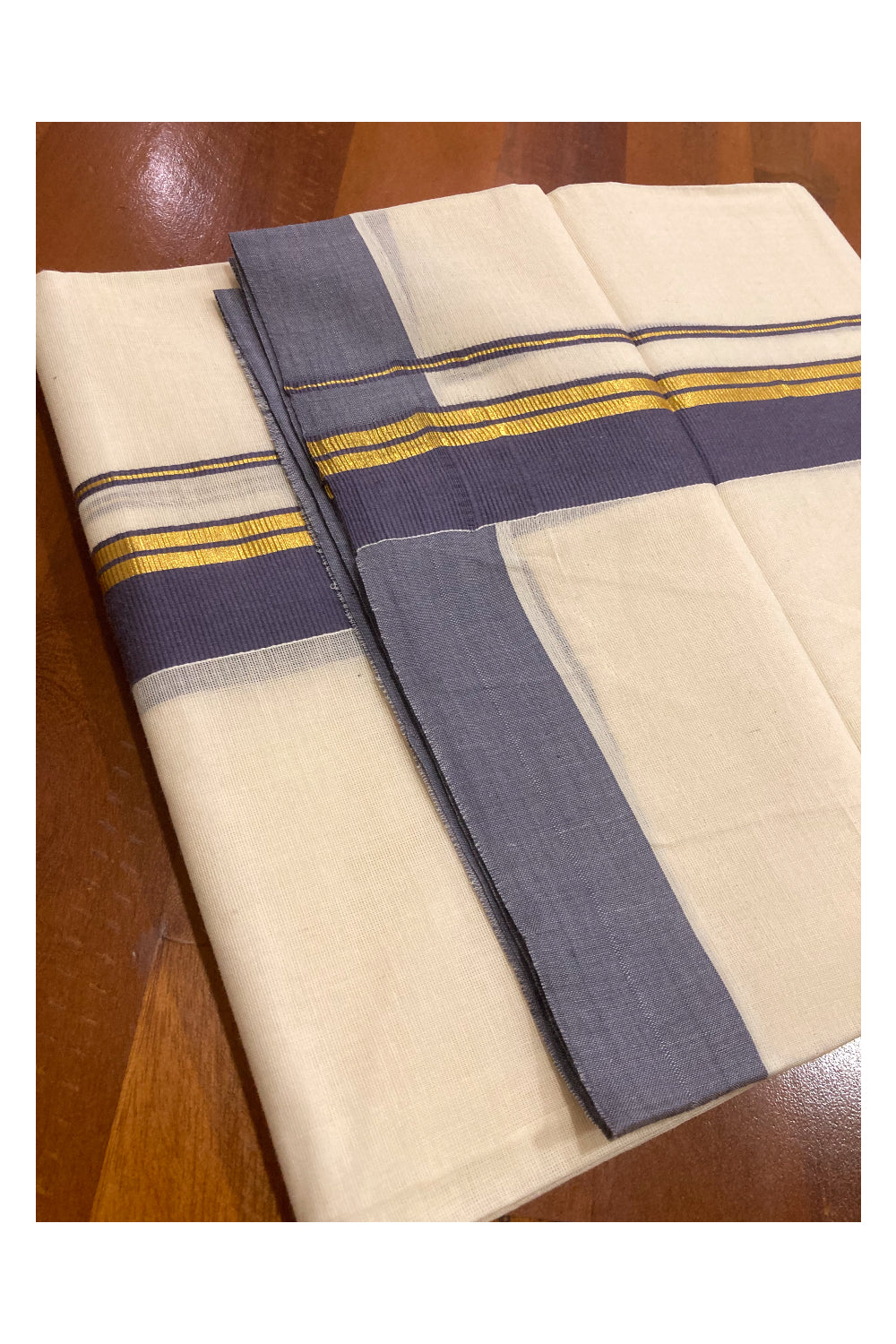 Off White Pure Cotton Double Mundu with Kasavu and Grey Border (South Indian Dhoti)