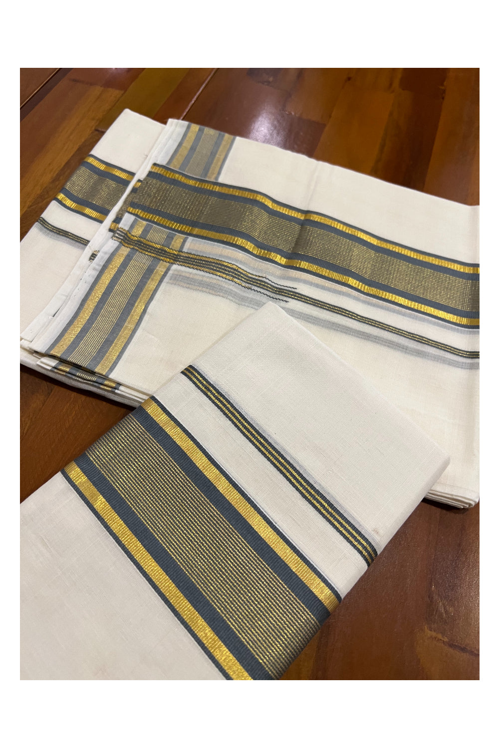 Southloom Premium Handloom Set Mundu with Kasavu and Grey Line Border 2.80 Mtrs