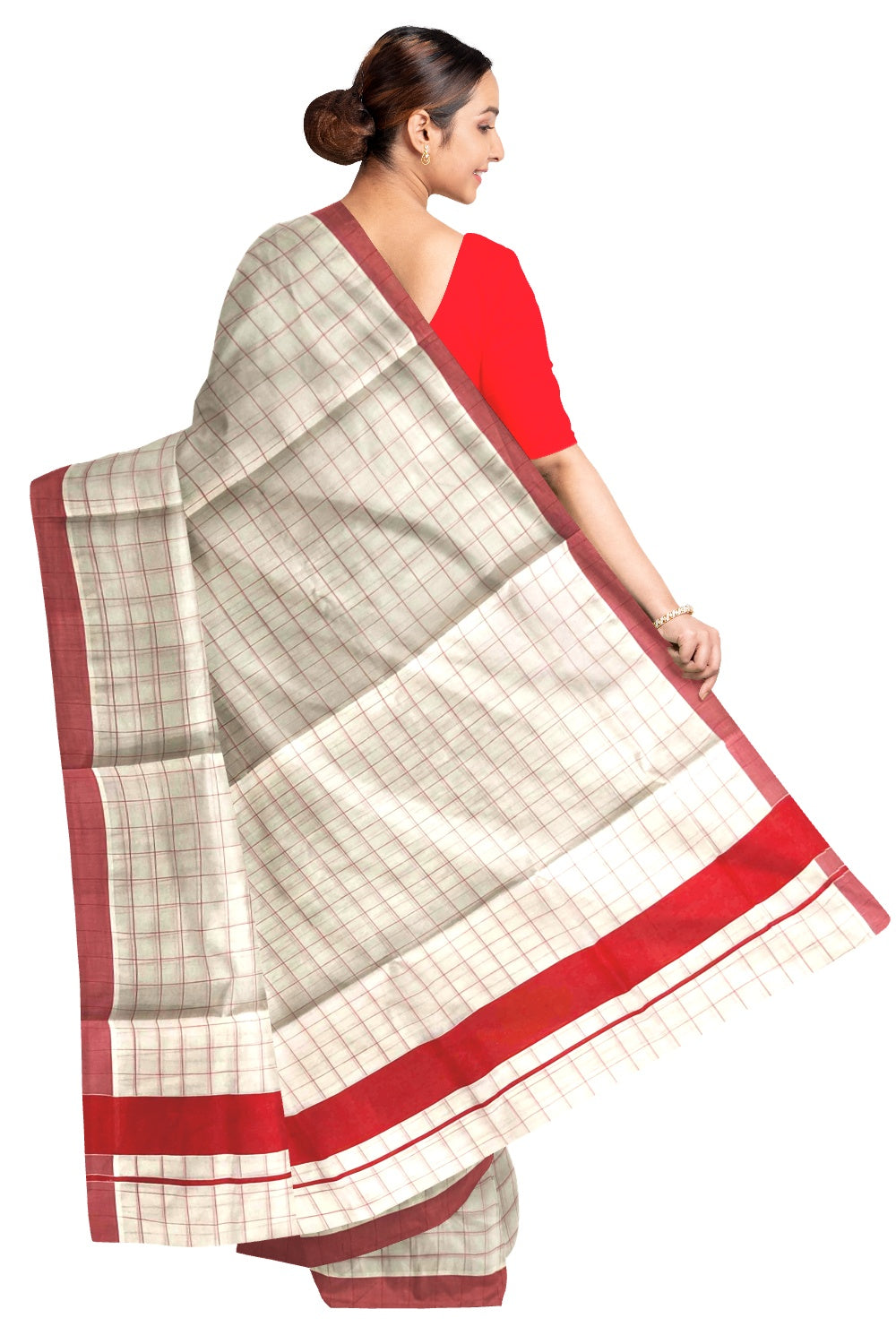 Kerala Pure Cotton Red Woven Check Saree with 3 inch Border