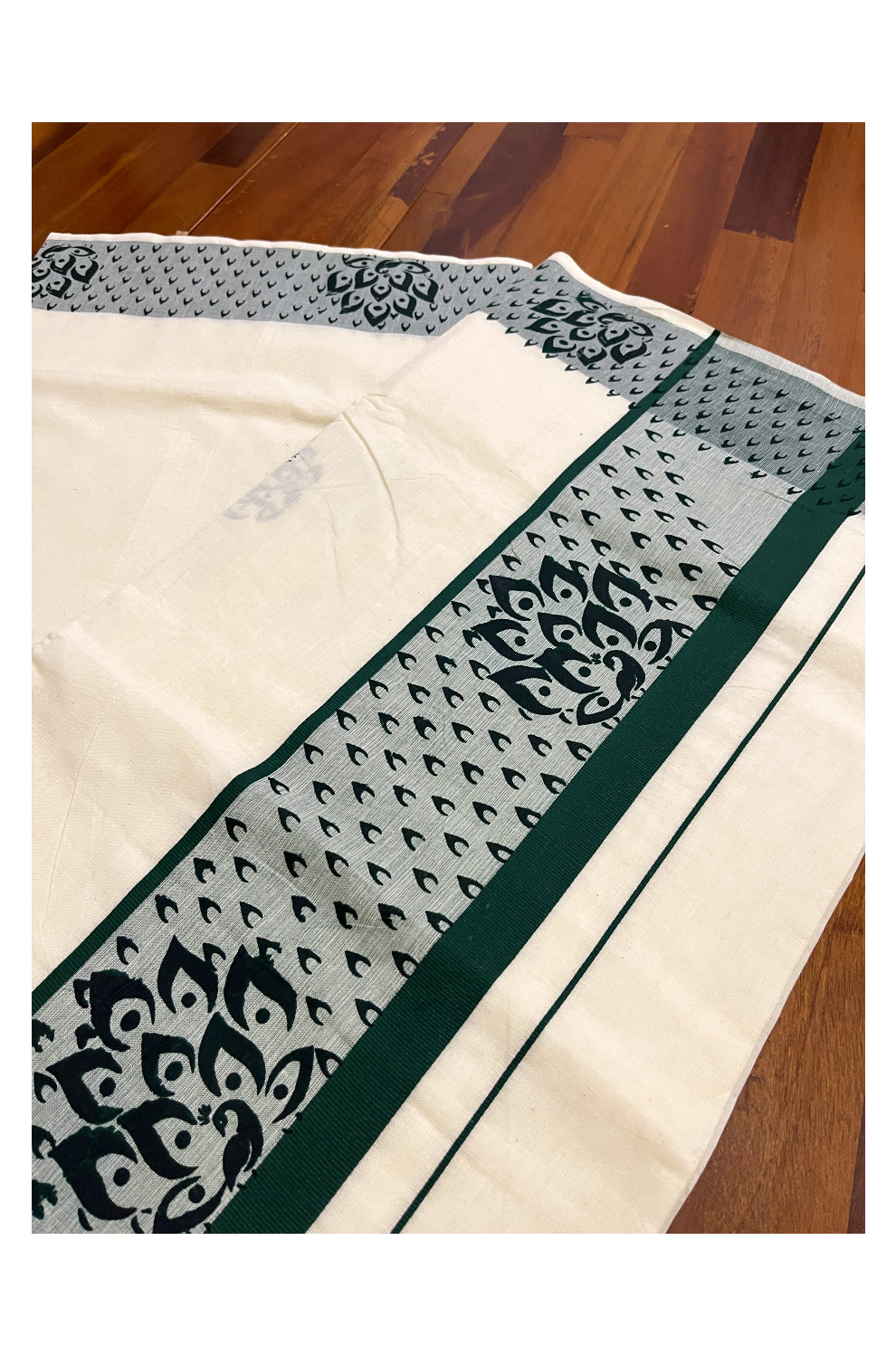 Pure Cotton Off White Kerala Saree with Green Block Prints on Border