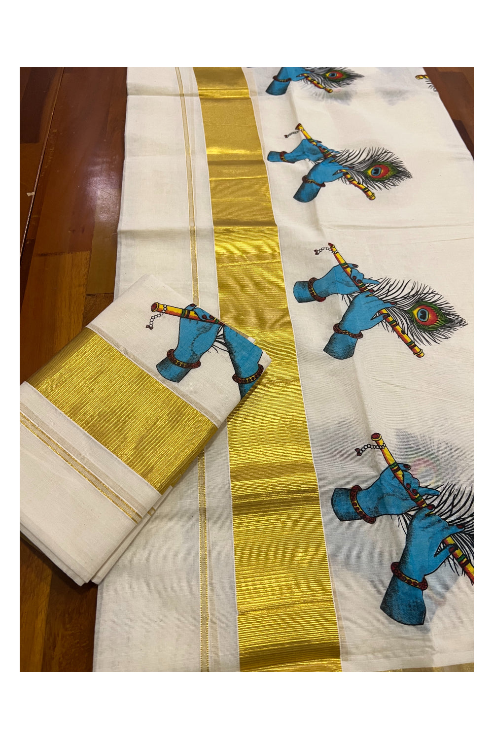 Pure Cotton Kasavu Set Mundu (Mundum Neriyathum) with Feather and Flute on Krishna Hands Mural Prints on Border 2.80 Mtrs