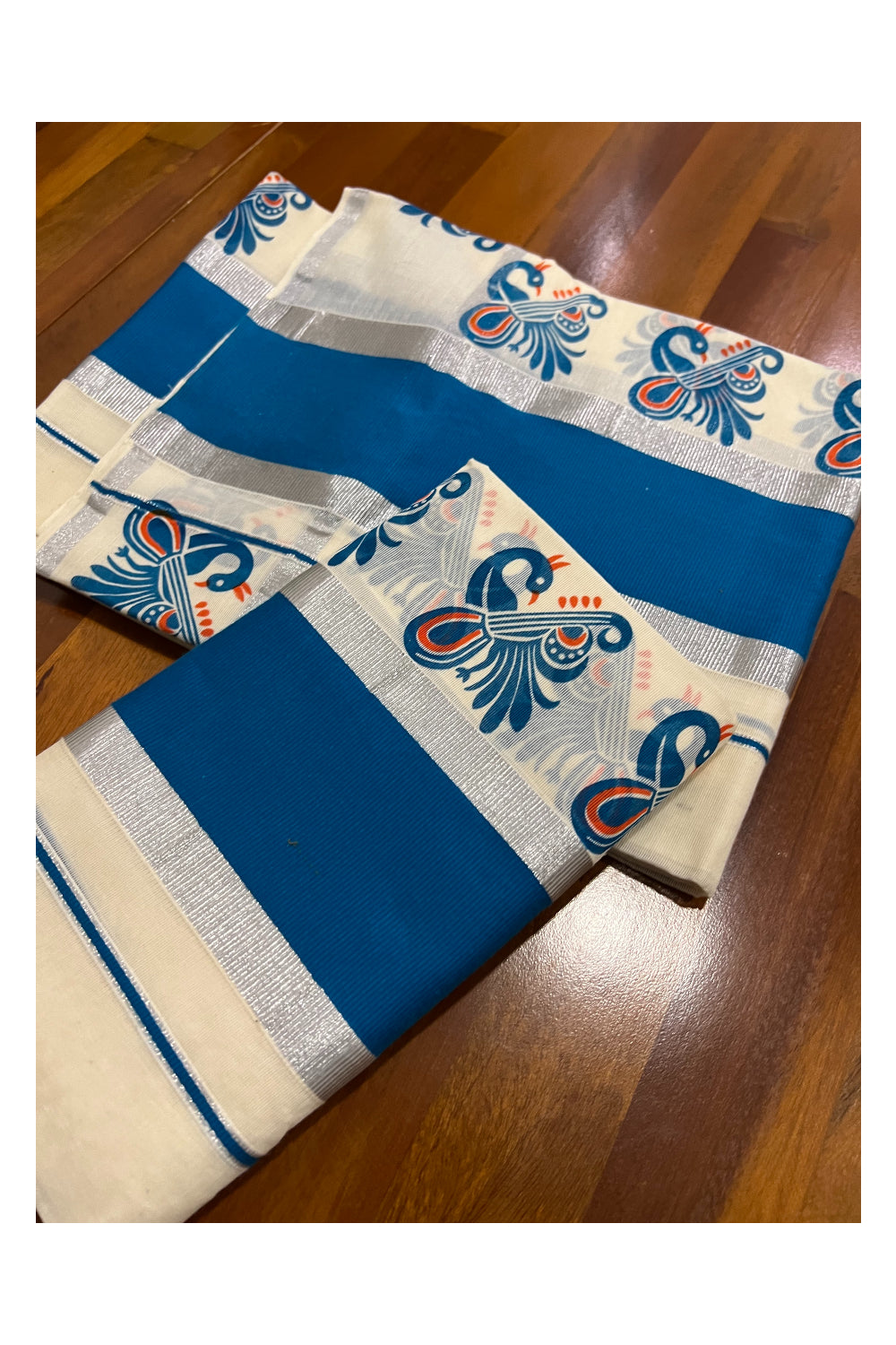 Kerala Cotton Silver Kasavu Set Mundu (Mundum Neriyathum) with Light Blue Peacock Block Print Border