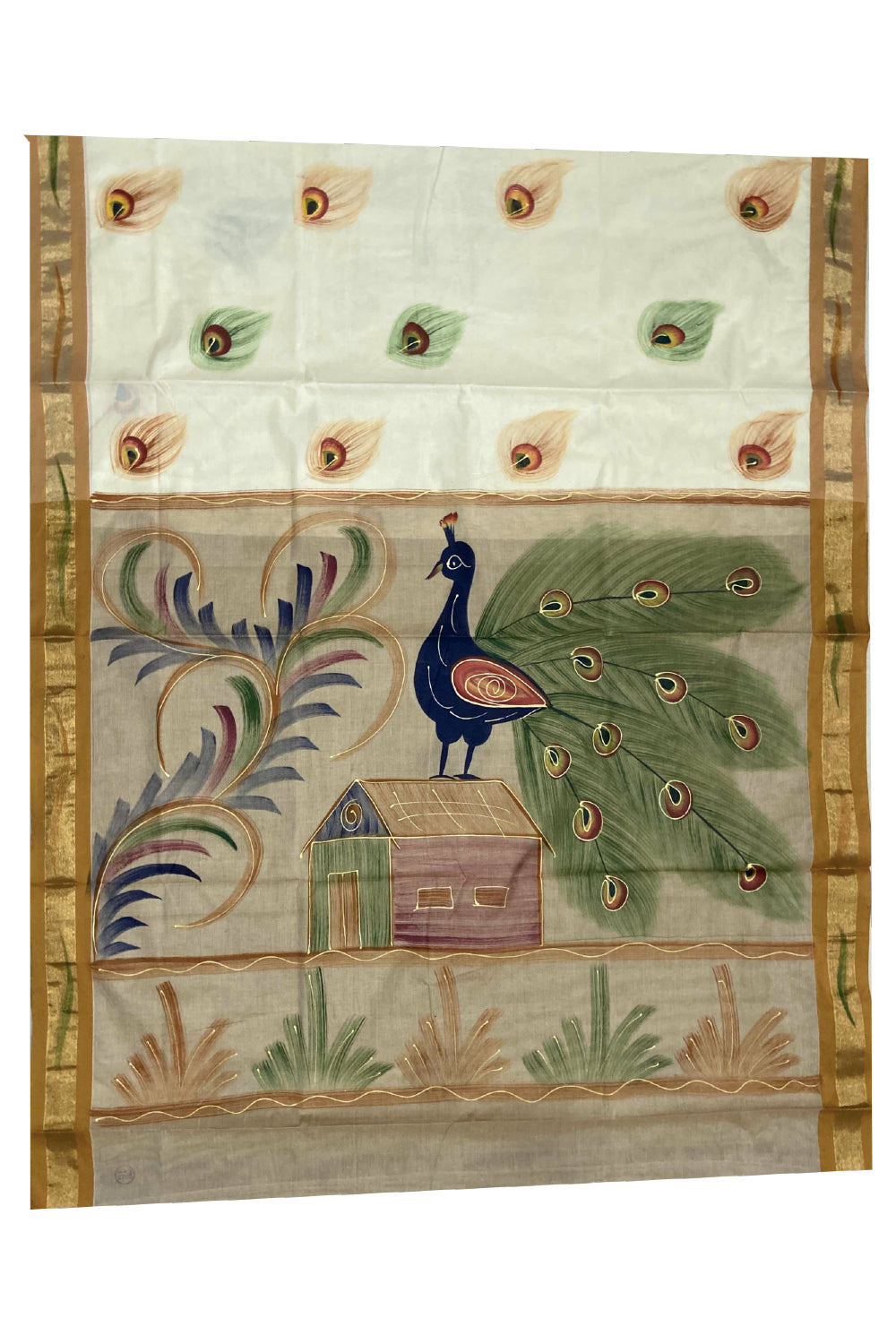 Southloom Saffron Handpainted Mural Kerala Kasavu Saree with Peacock Art