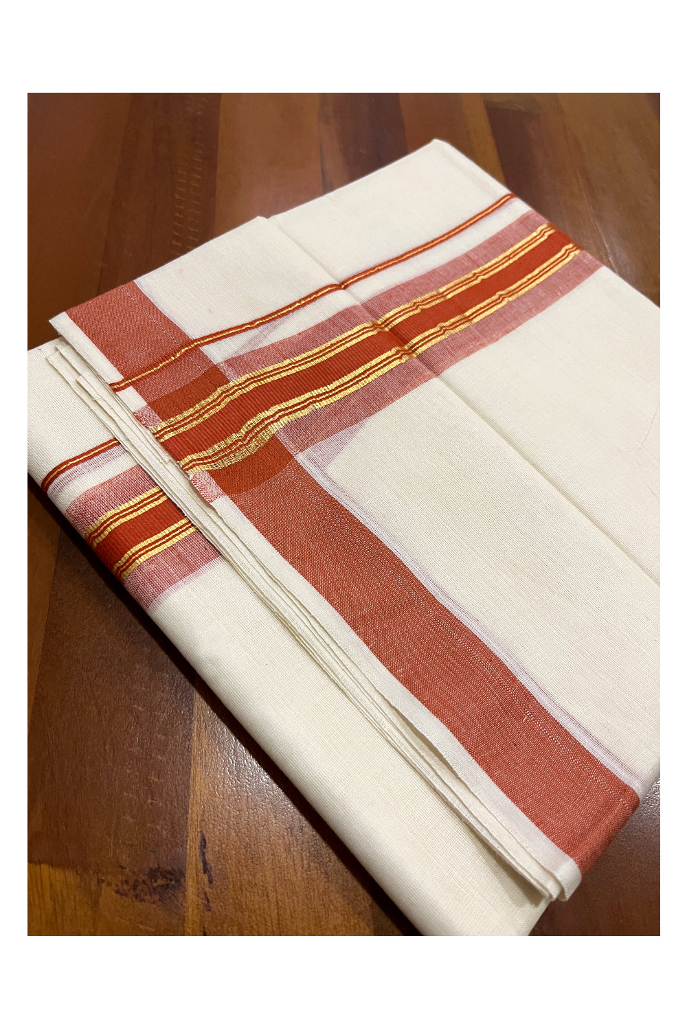 Pure Cotton Double Mundu with Kasavu Orange Kara (South Indian Dhoti)