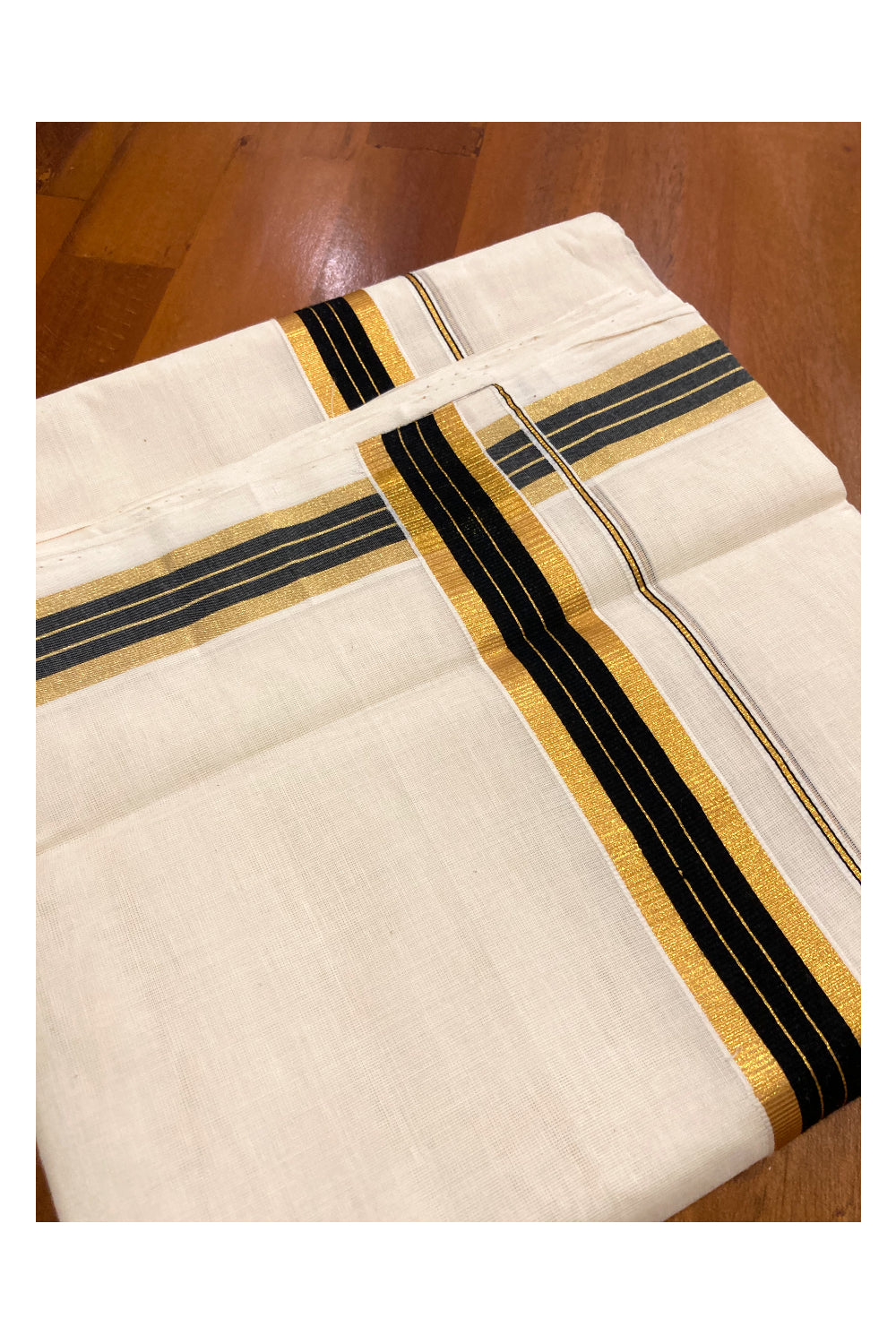 Southloom Premium Handloom Cotton Off White Mundu with Black and Kasavu Line Border (South Indian Dhoti)