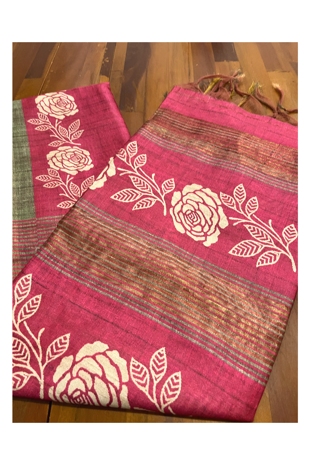 Southloom Semi Tussar Pink Floral Printed Designer Saree