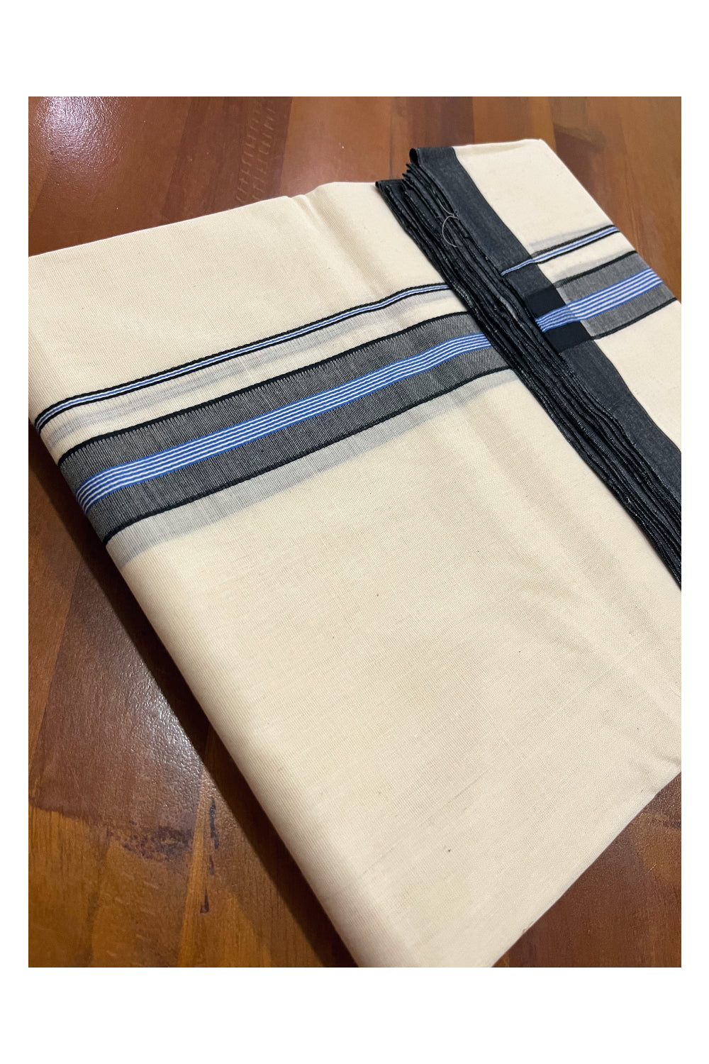 Southloom Premium Handloom Double Mundu with Black and Blue Border