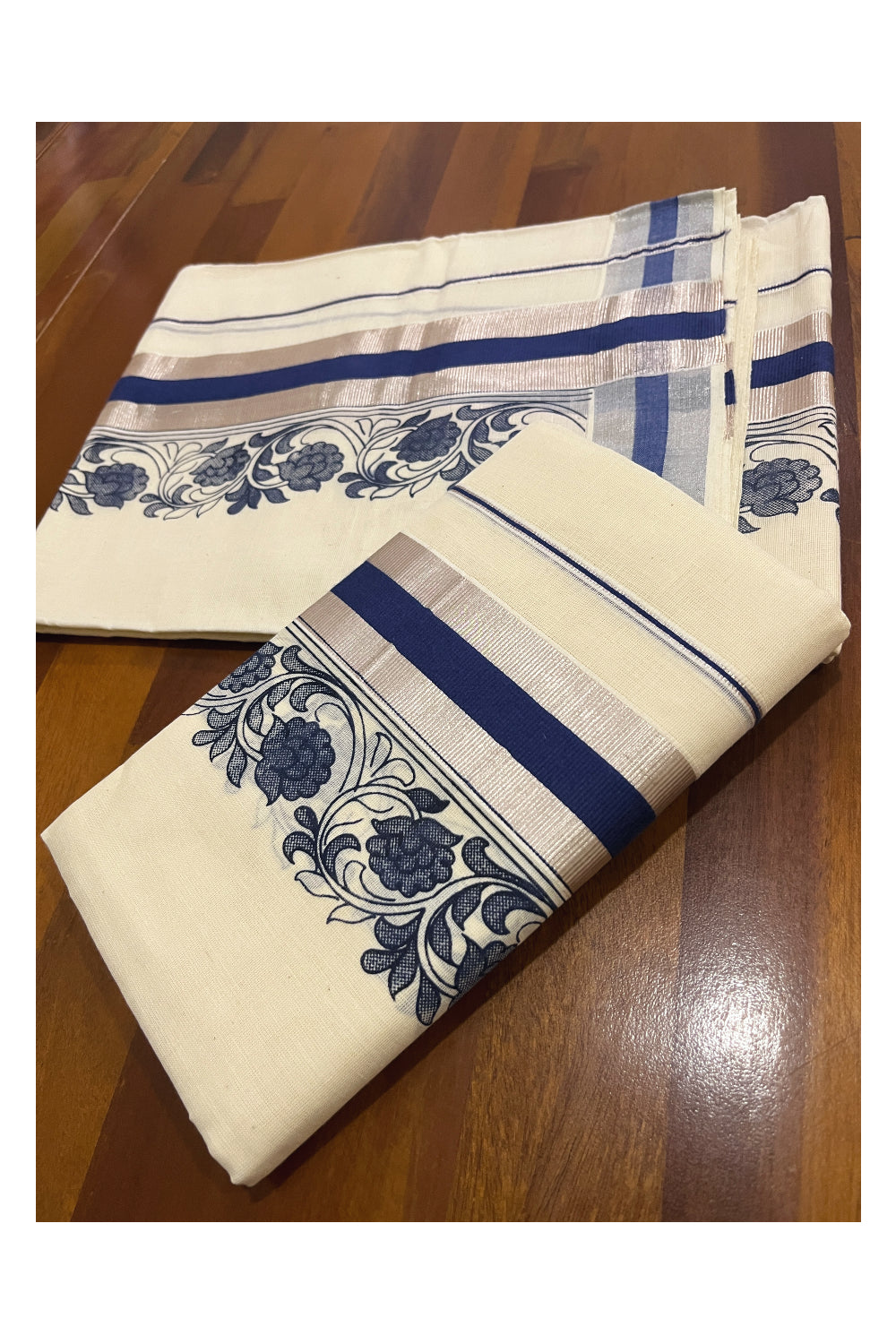 Pure Cotton Single Set Mundu (Mundum Neriyathum Vishu 2023) with Silver Kasavu and Blue Floral Block Prints 2.80 Mtrs