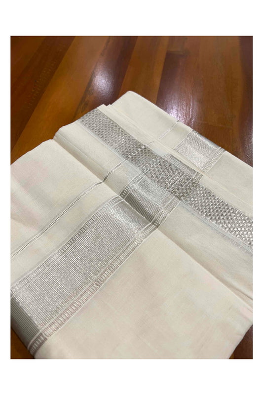 Southloom Balaramapuram Handloom Pure Cotton Mundu with Silver Kasavu Design Kara (South Indian Dhoti)