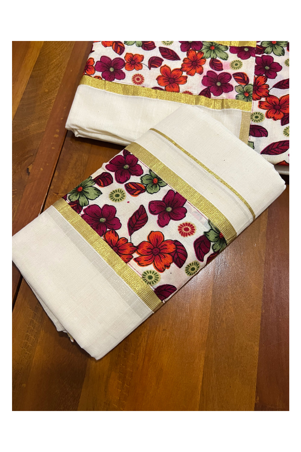 Kerala Cotton Kasavu Fusion Art Set Mundu (Mundum Neriyathum) with Floral Woven Figures on White Border 2.80 Mtrs