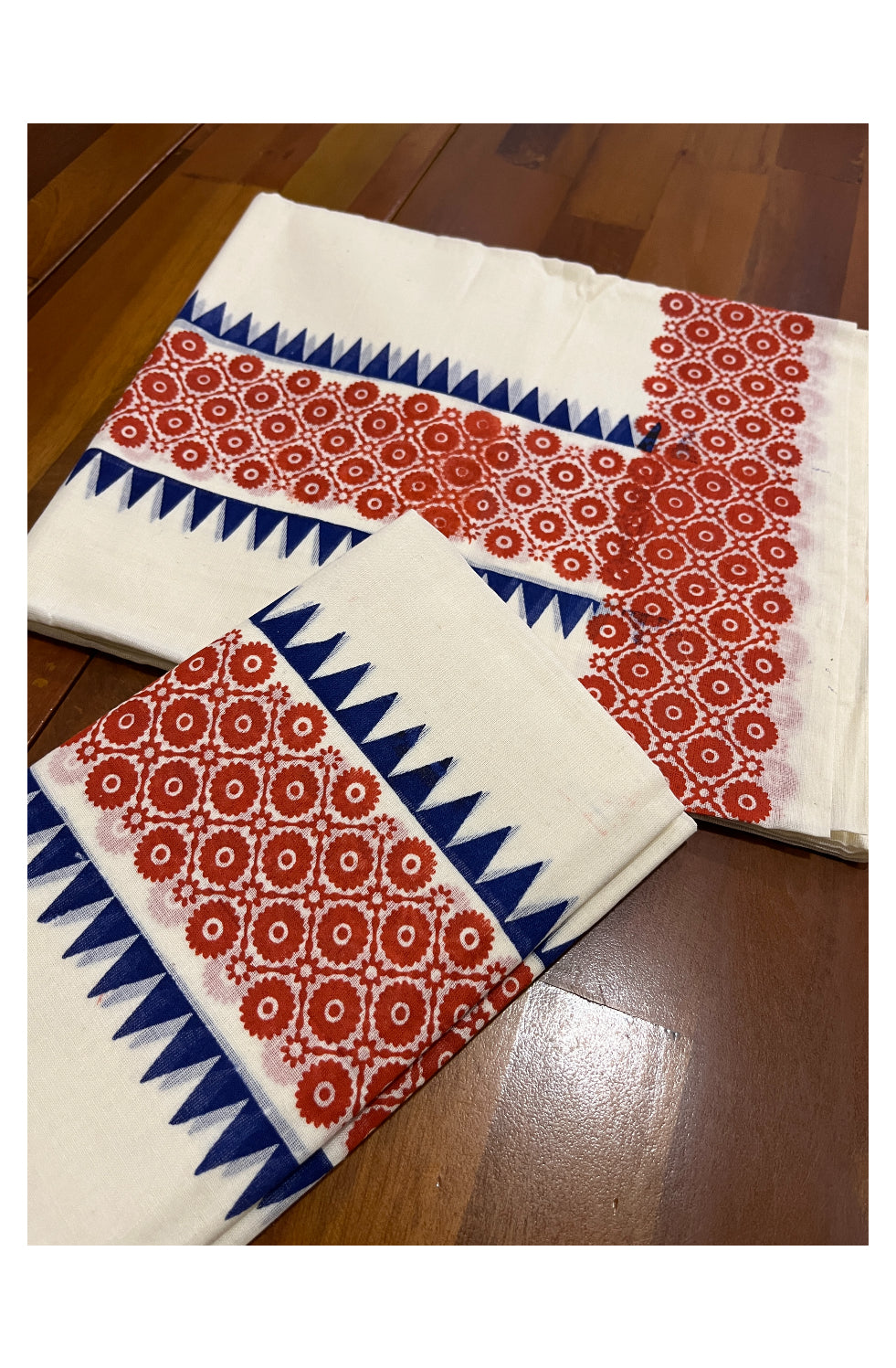 Kerala Cotton Set Mundu (Mundum Neriyathum) with Red Block Prints and Blue Temple Border