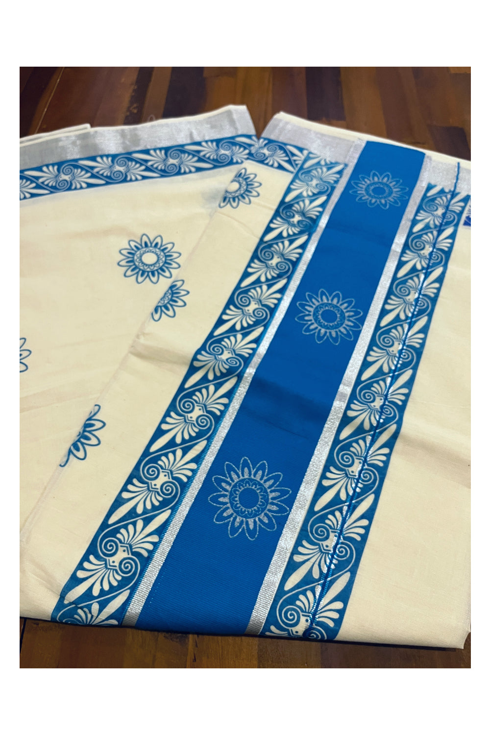 Pure Cotton Kerala Saree with Blue Block Prints and Silver Kasavu Border (Onam Saree 2023)