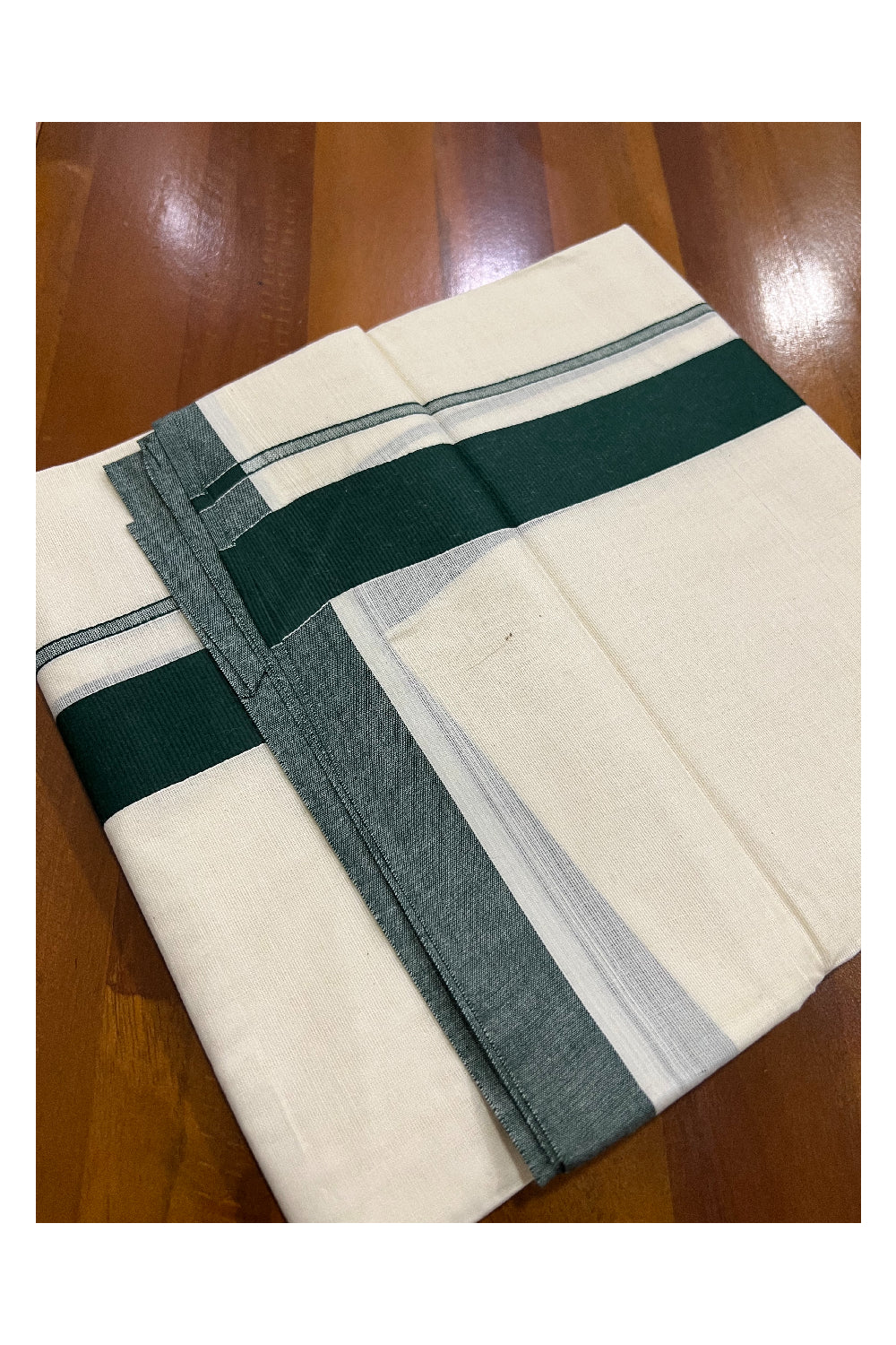 Pure Cotton Off White Double Mundu with Dark Green Border (South Indian Dhoti)