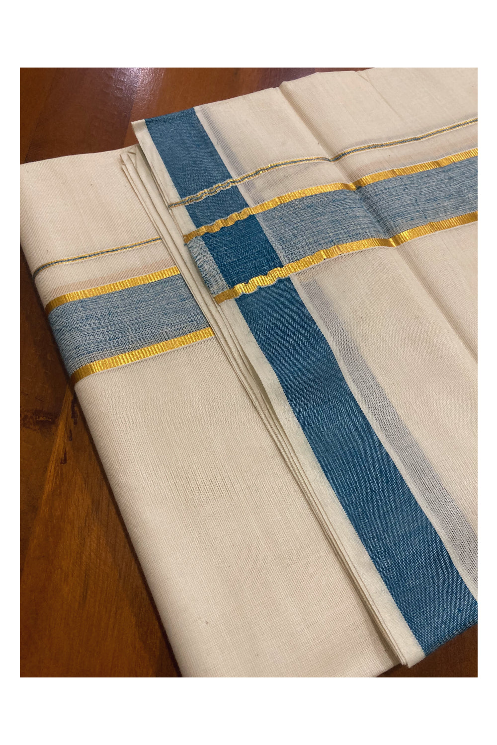 Pure Cotton Double Mundu with Blue and Kasavu Border (South Indian Dhoti)