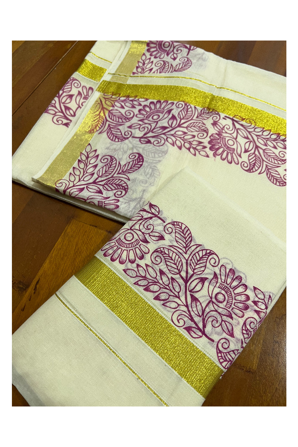 Kerala Cotton Kasavu Set Mundu (Mundum Neriyathum) with Magenta Floral Block Prints on Border