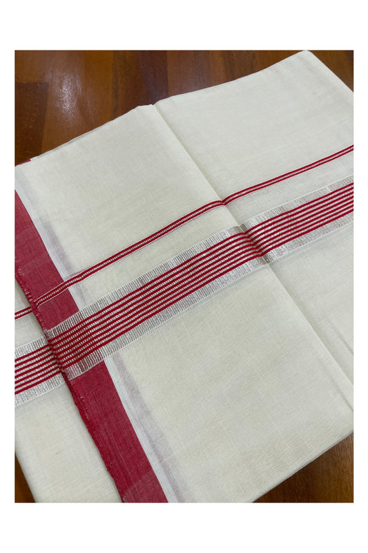 Southloom Premium Handloom Pure Cotton Mundu with Red and Silver Kasavu Border (South Indian Dhoti)