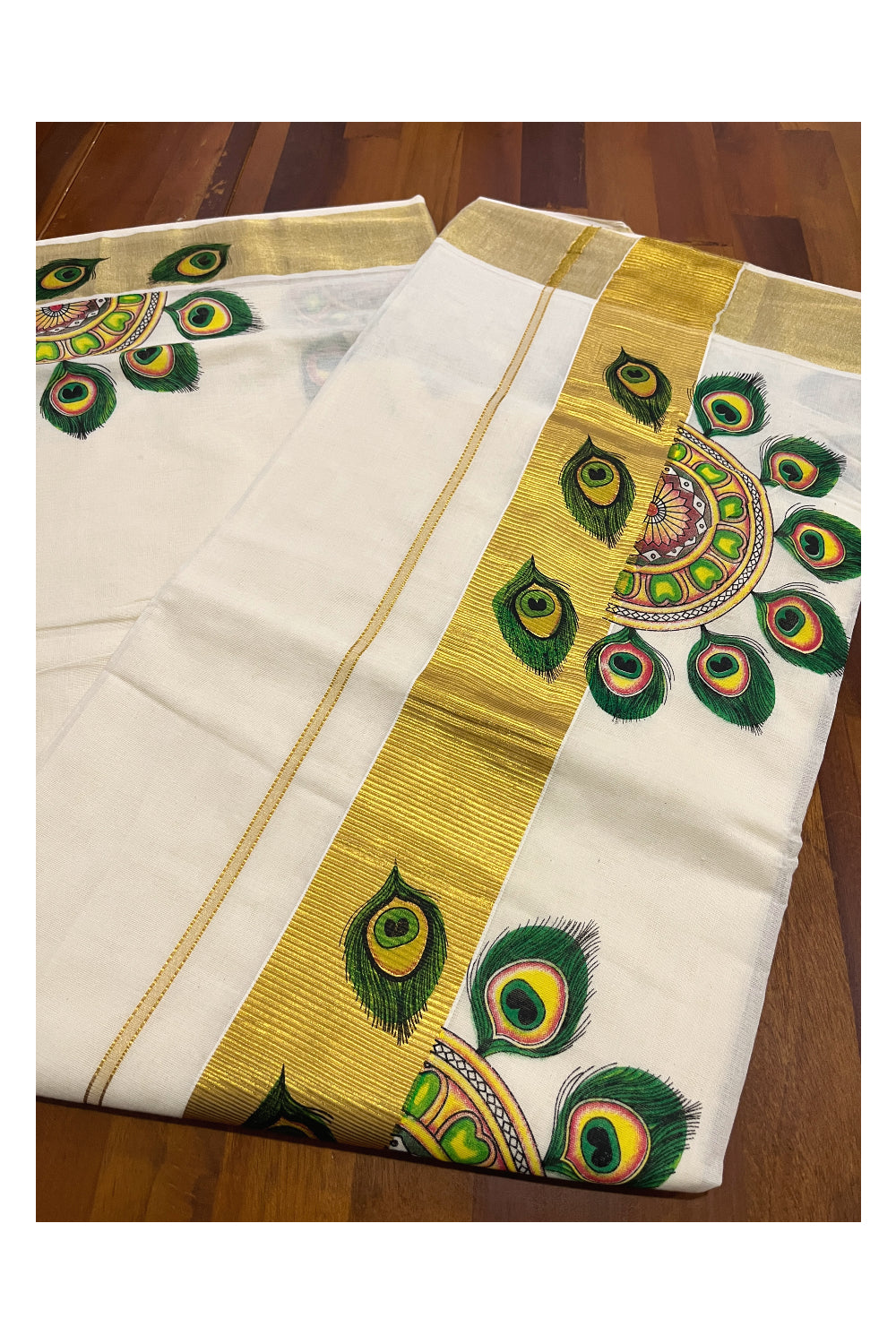 Kerala Pure Cotton Kasavu Saree with Mural Printed Semi Circle Peacock Feather Design