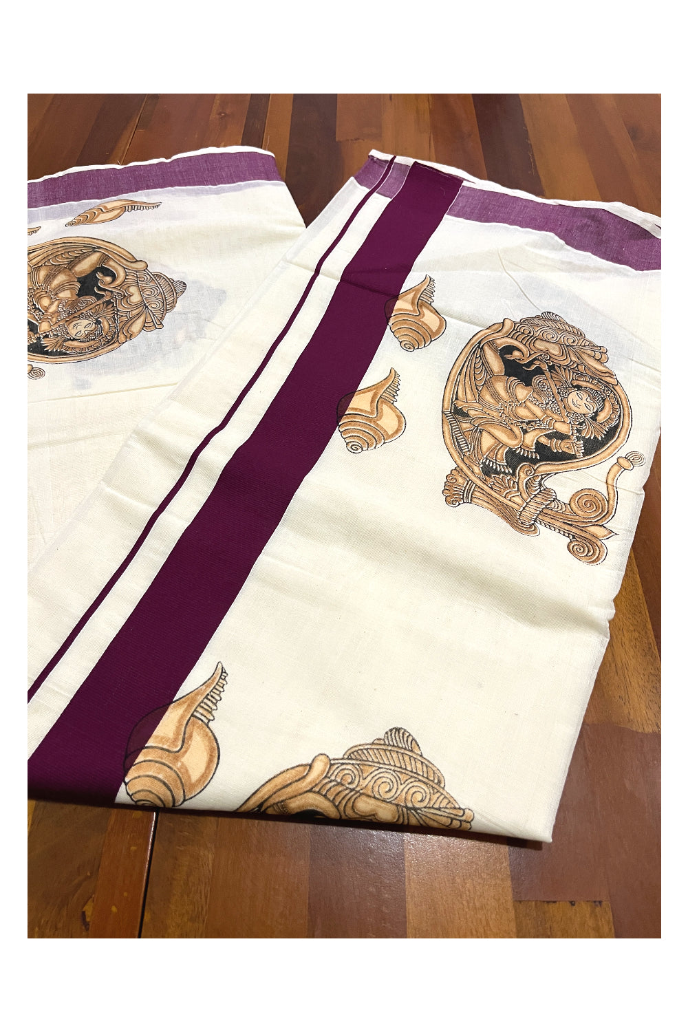 Kerala Pure Cotton Saree with Mural Printed Krishna and Shell Design and Purple Border