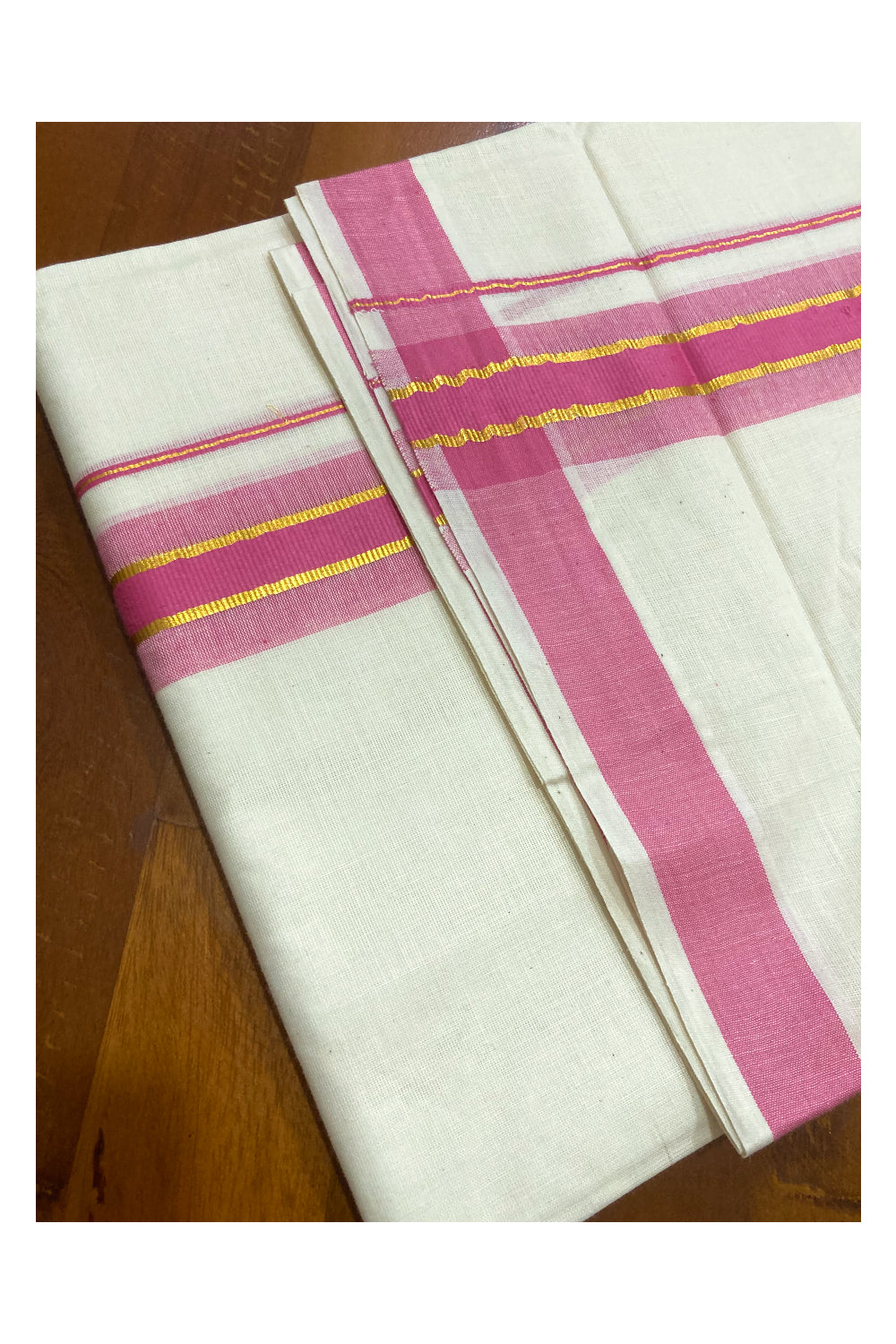 Pure Cotton Double Mundu with Pink and Kasavu Border (South Indian Dhoti)