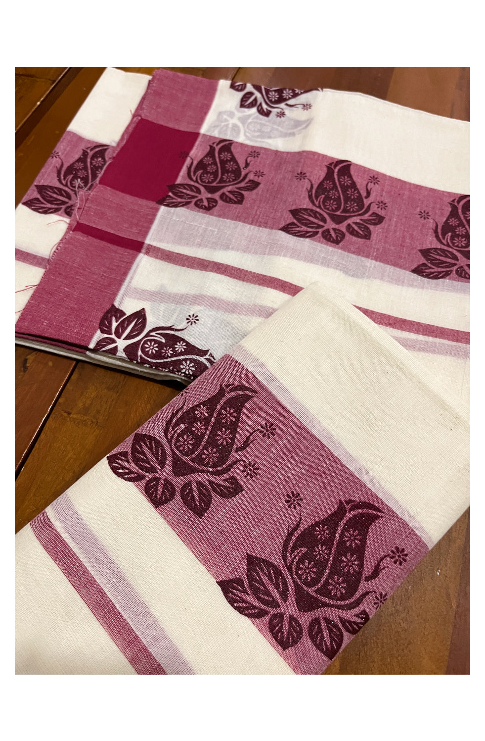 Kerala Cotton Set Mundu (Mundum Neriyathum) with Maroon Block Prints on Border