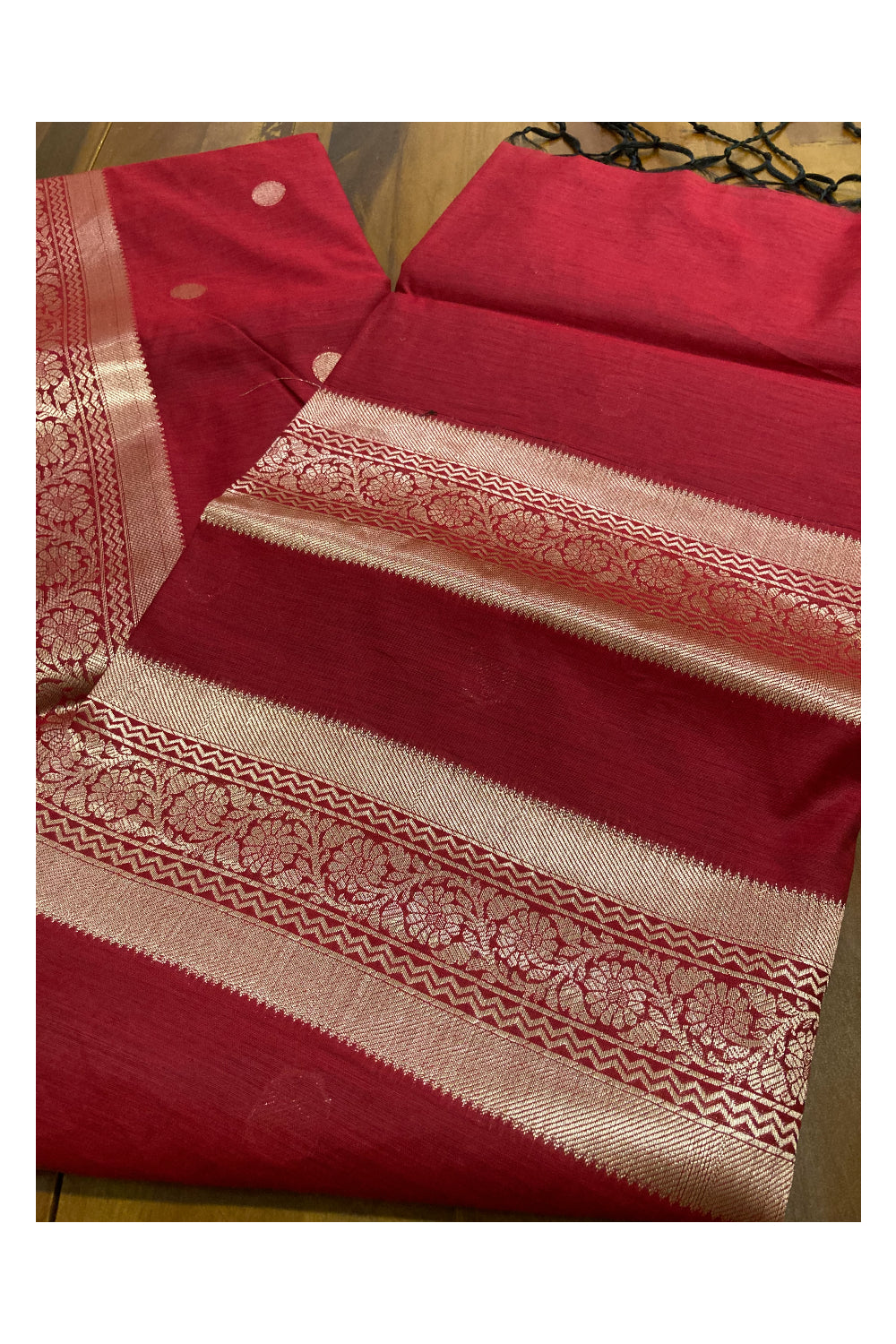 Southloom Red Cotton Designer Saree with Kasavu Woven Works