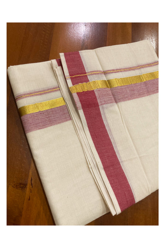 Pure Cotton Off White Double Mundu with Red and Kasavu Border (South Indian Dhoti)