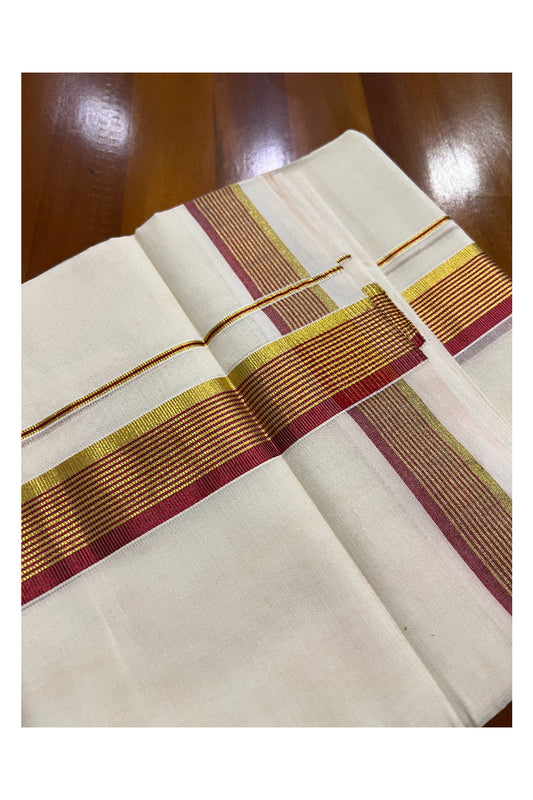 Southloom Balaramapuram Handloom Pure Cotton Mundu with Golden and Red Kasavu Border (South Indian Kerala Dhoti)