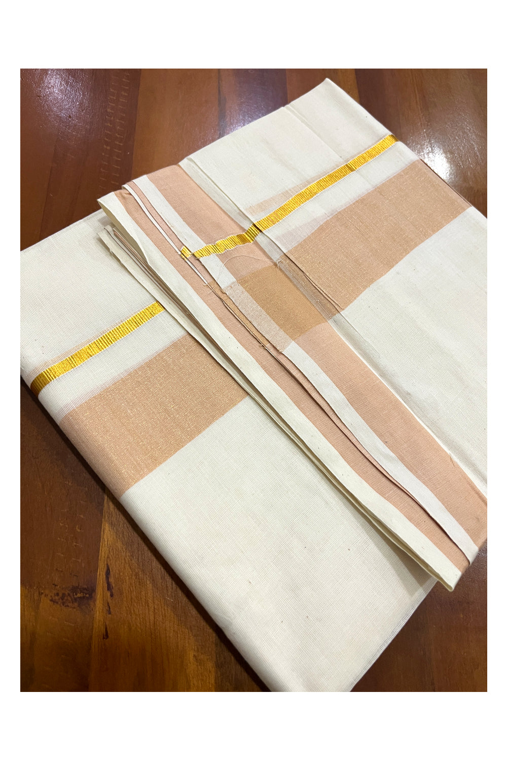 Pure Cotton Double Mundu with Kasavu Light Peach Kara (South Indian Dhoti)