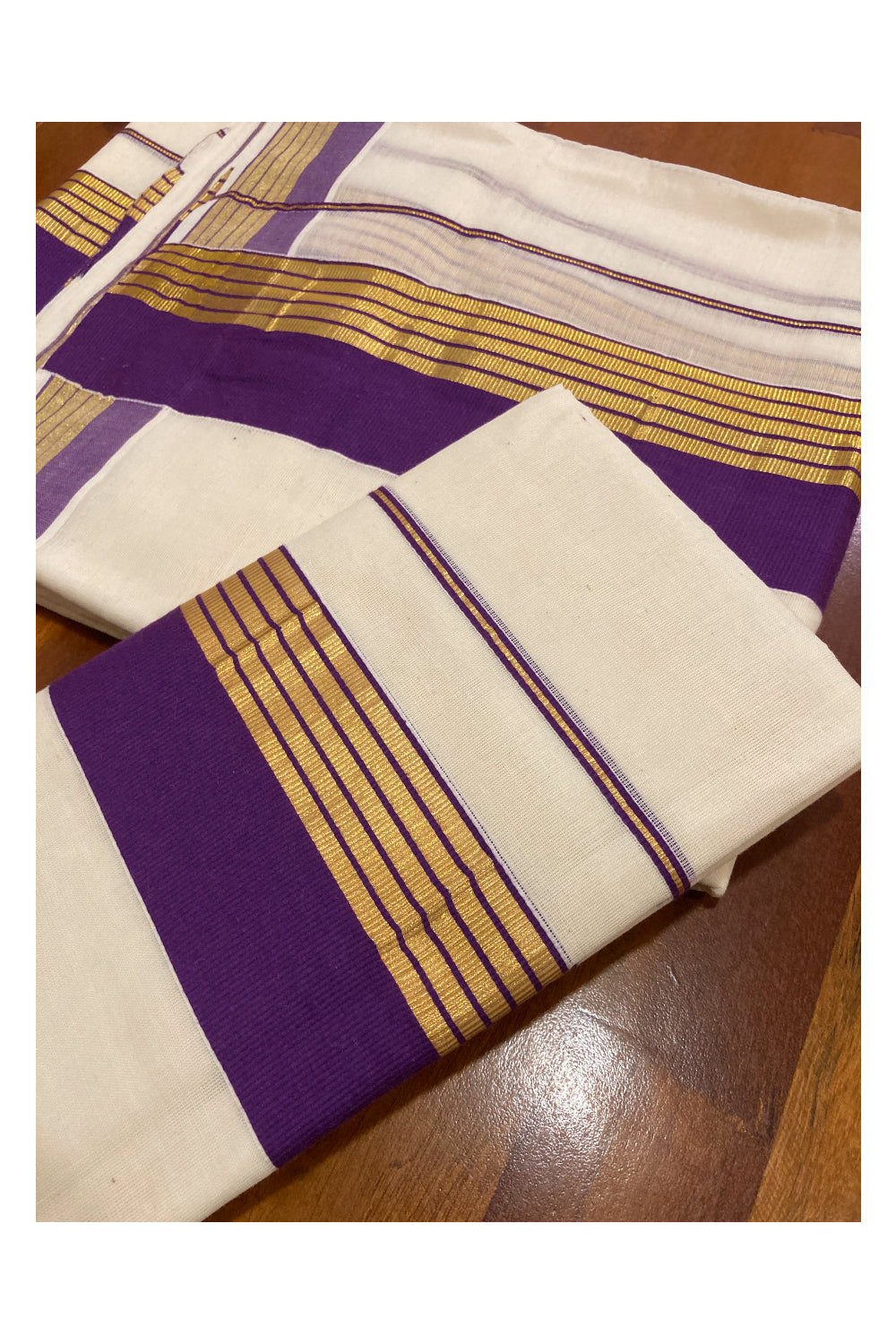 Mundum Neriyathum Double (Set Mundu) with Violet and Kasavu Border