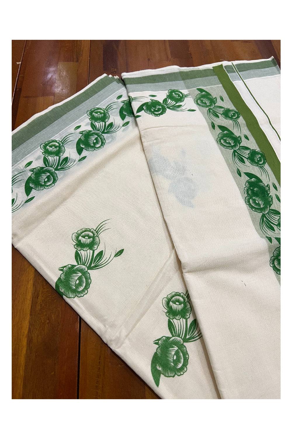 Pure Cotton Kerala Saree with Bottle Green Floral Block Printed Design