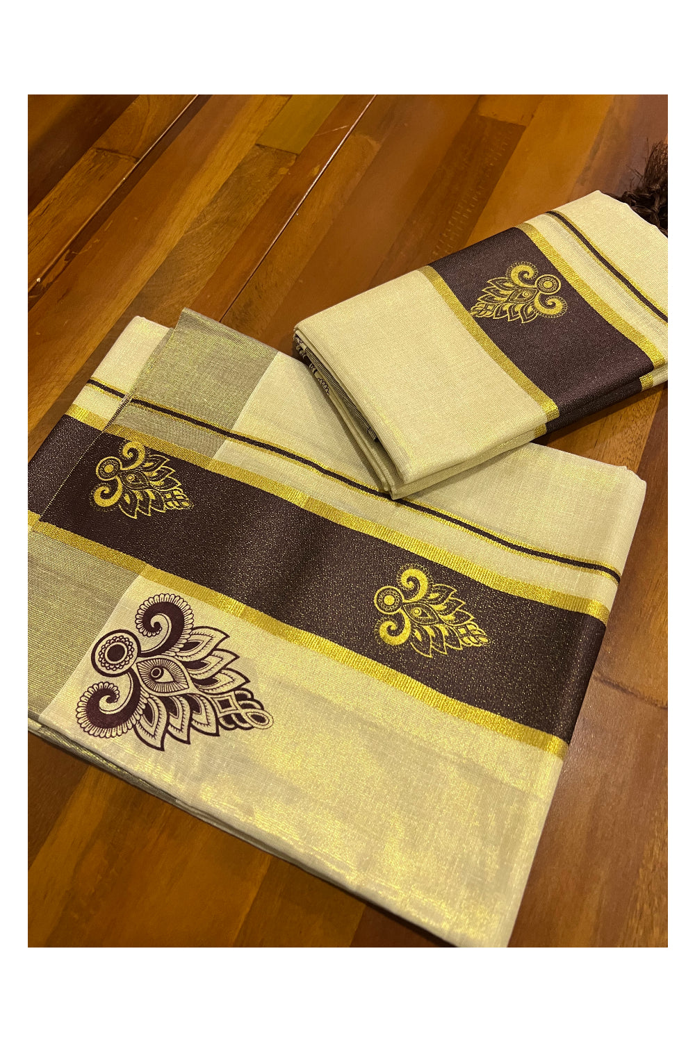 Kerala Tissue Kasavu Set Mundu (Mundum Neriyathum) with Golden and Dark Brown Block Prints and Tassels