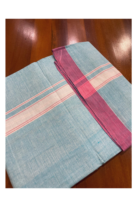 Southloom Premium Handloom Light Blue Solid Single Mundu (Lungi) with White Border