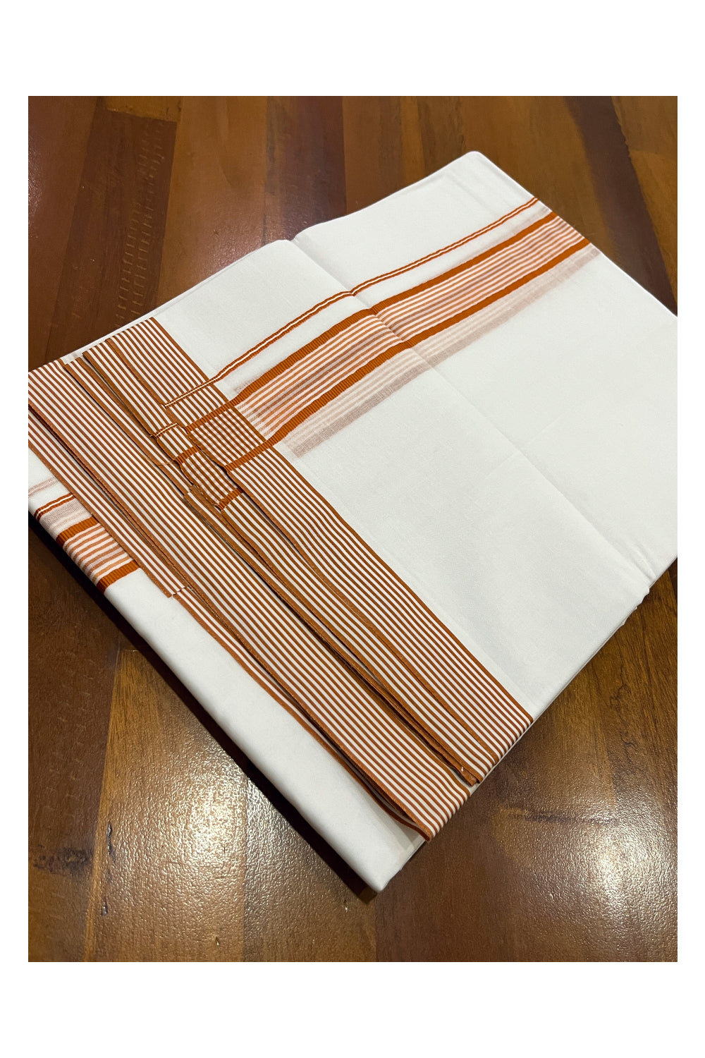 Pure White Cotton Double Mundu with Orange Lines Border (South Indian Dhoti)