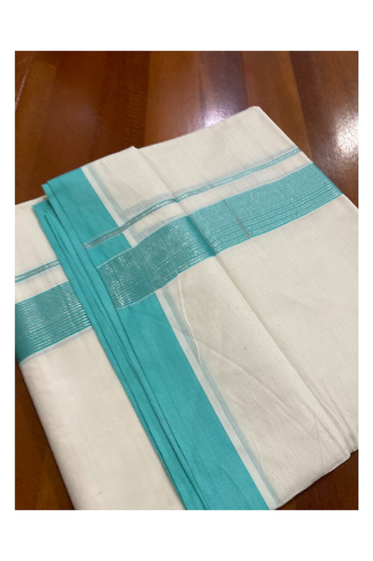 Off White Kerala Double Mundu with Silver Kasavu and Turquoise Line Border (South Indian Dhoti)